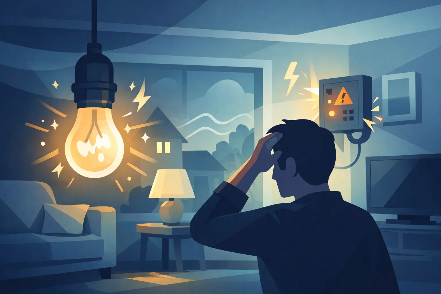 Illustration of flickering household lights and a person examining the problem