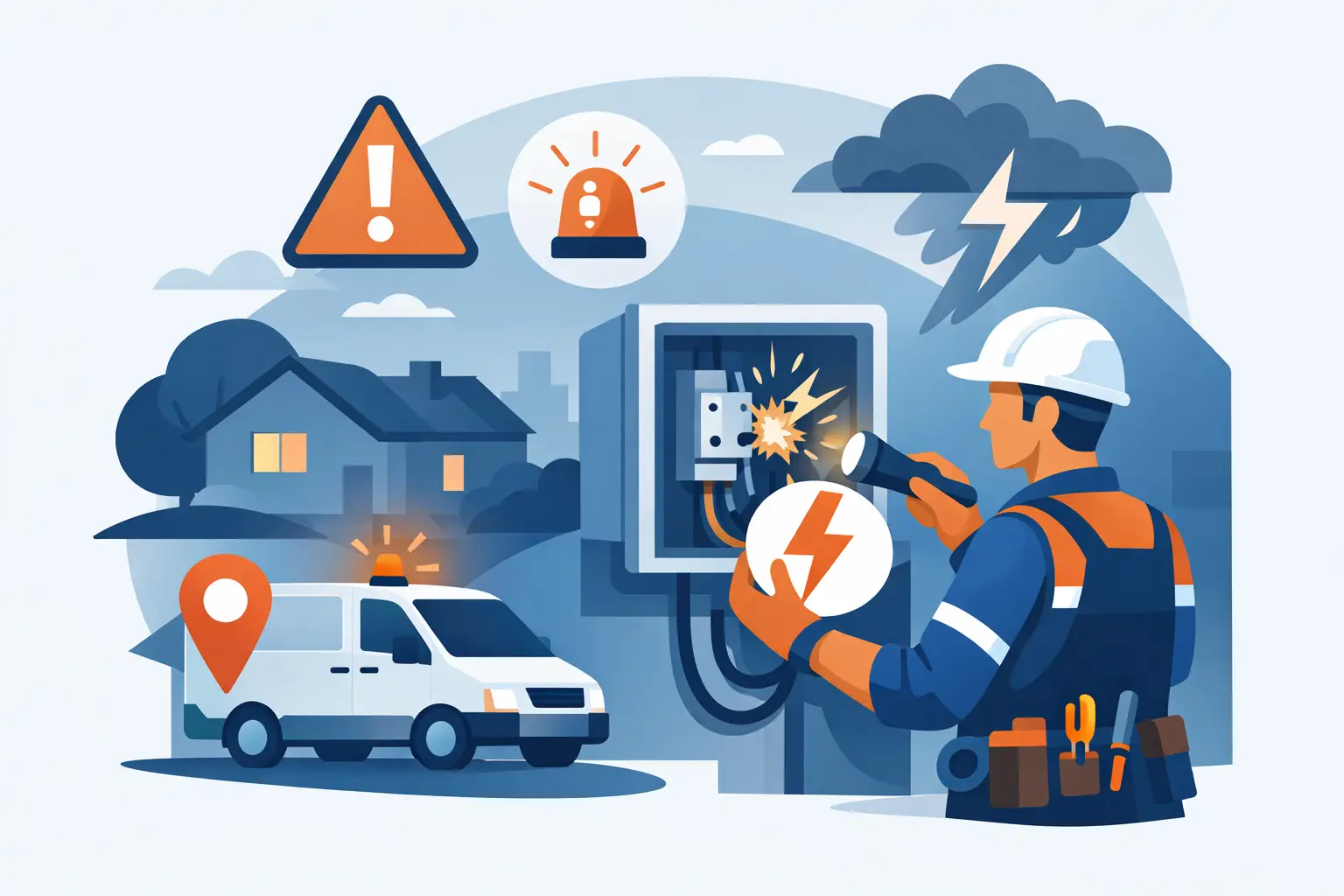 Illustration of an electrician attending an electrical fault during a storm