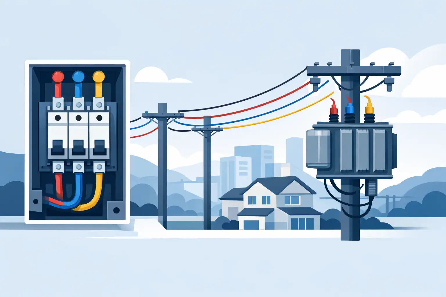Illustration of three-phase circuits, supply cables and a distribution transformer