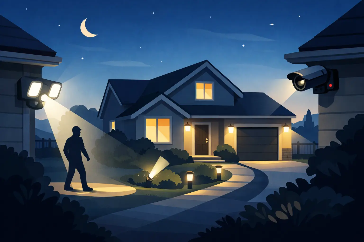 Illustration of sensor lights illuminating a home driveway at night