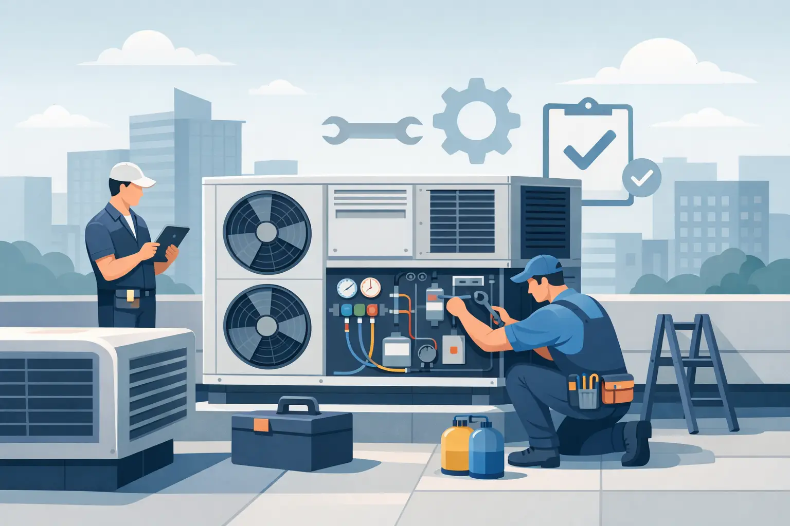 Illustration of technicians inspecting commercial air conditioning equipment
