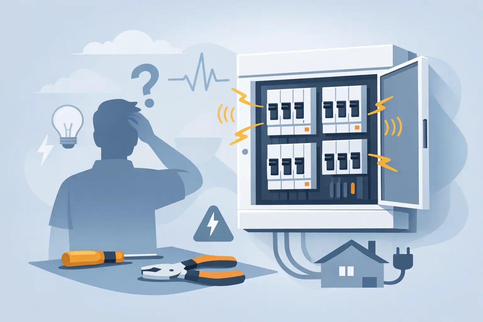 Illustration of a buzzing switchboard being investigated with test equipment