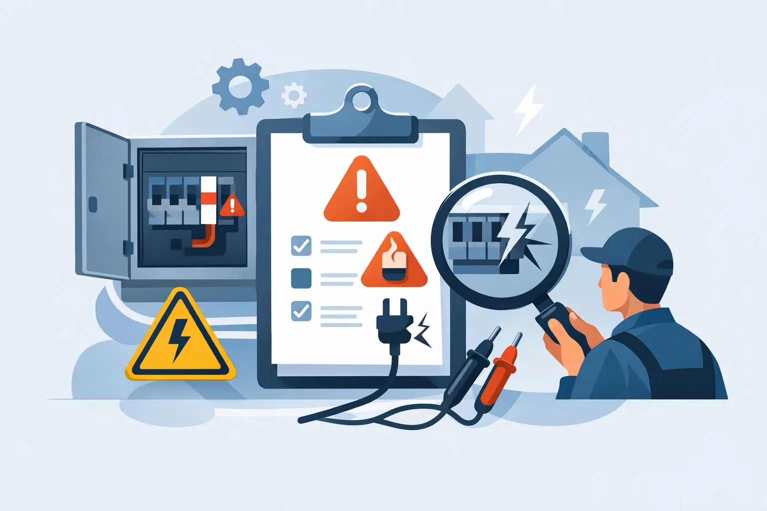 Illustration of an electrician testing wiring beside an electrical defect checklist