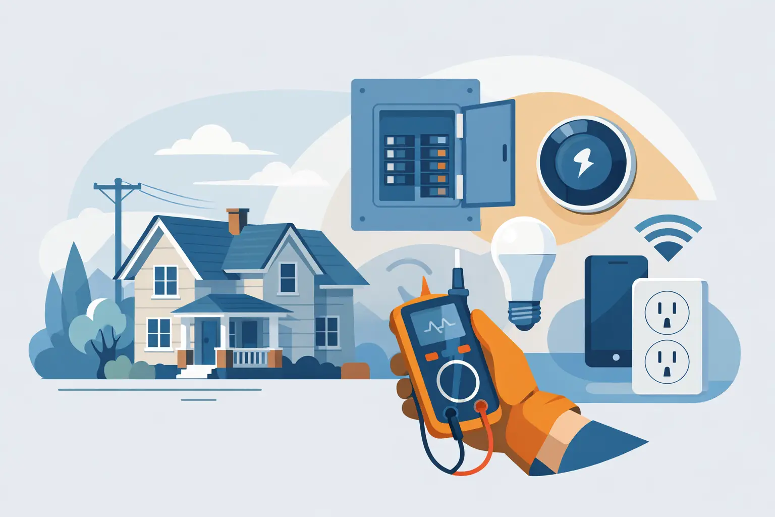 Illustration of an older home with switchboard and power point upgrades