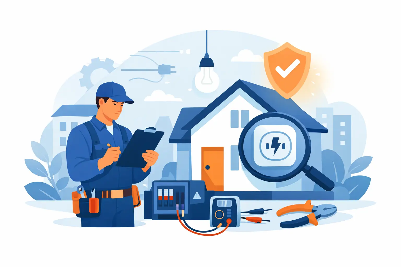 Illustration of an electrician checking a rental home with electrical test equipment