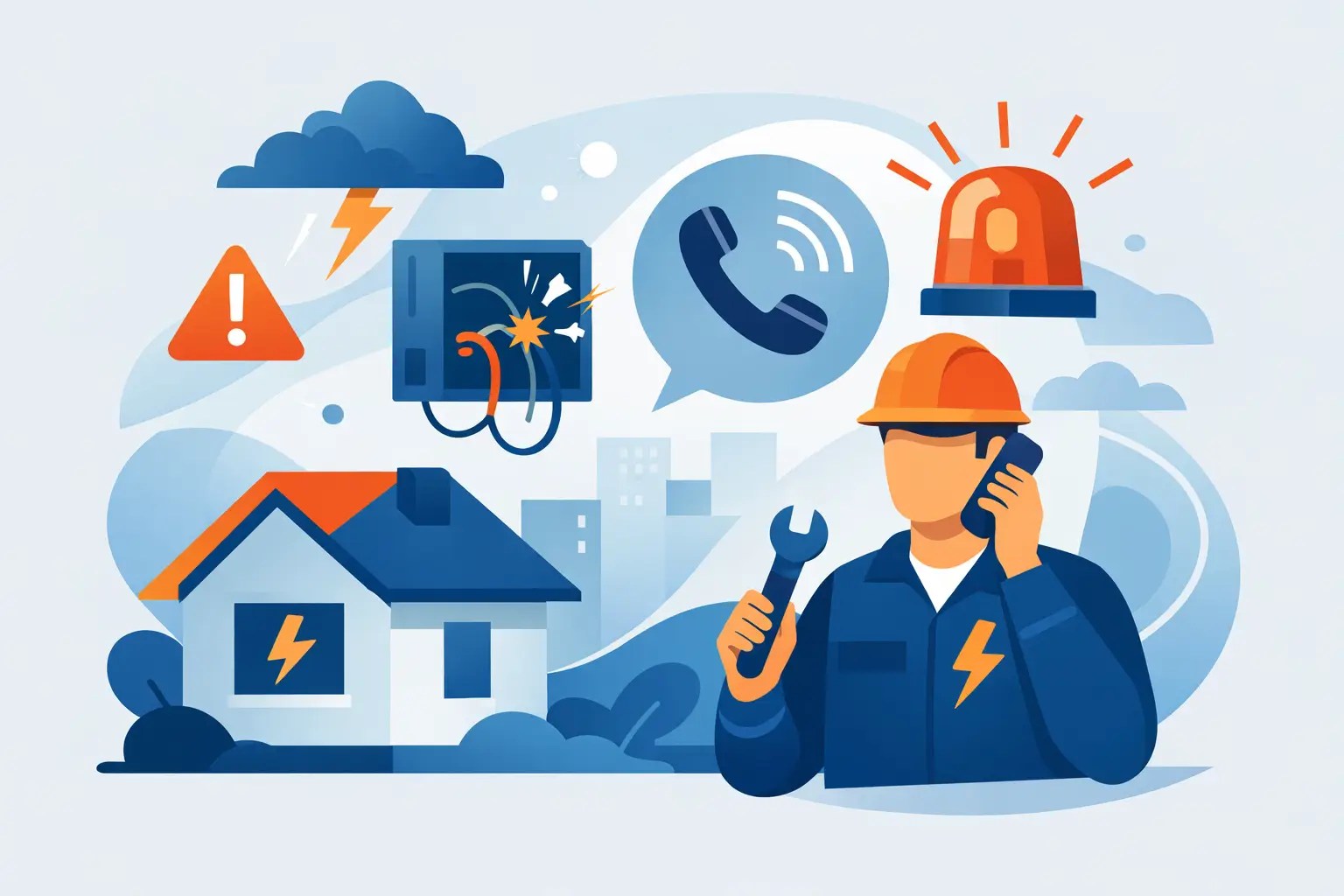 Illustration of urgent electrical warning signs and an electrician taking a call