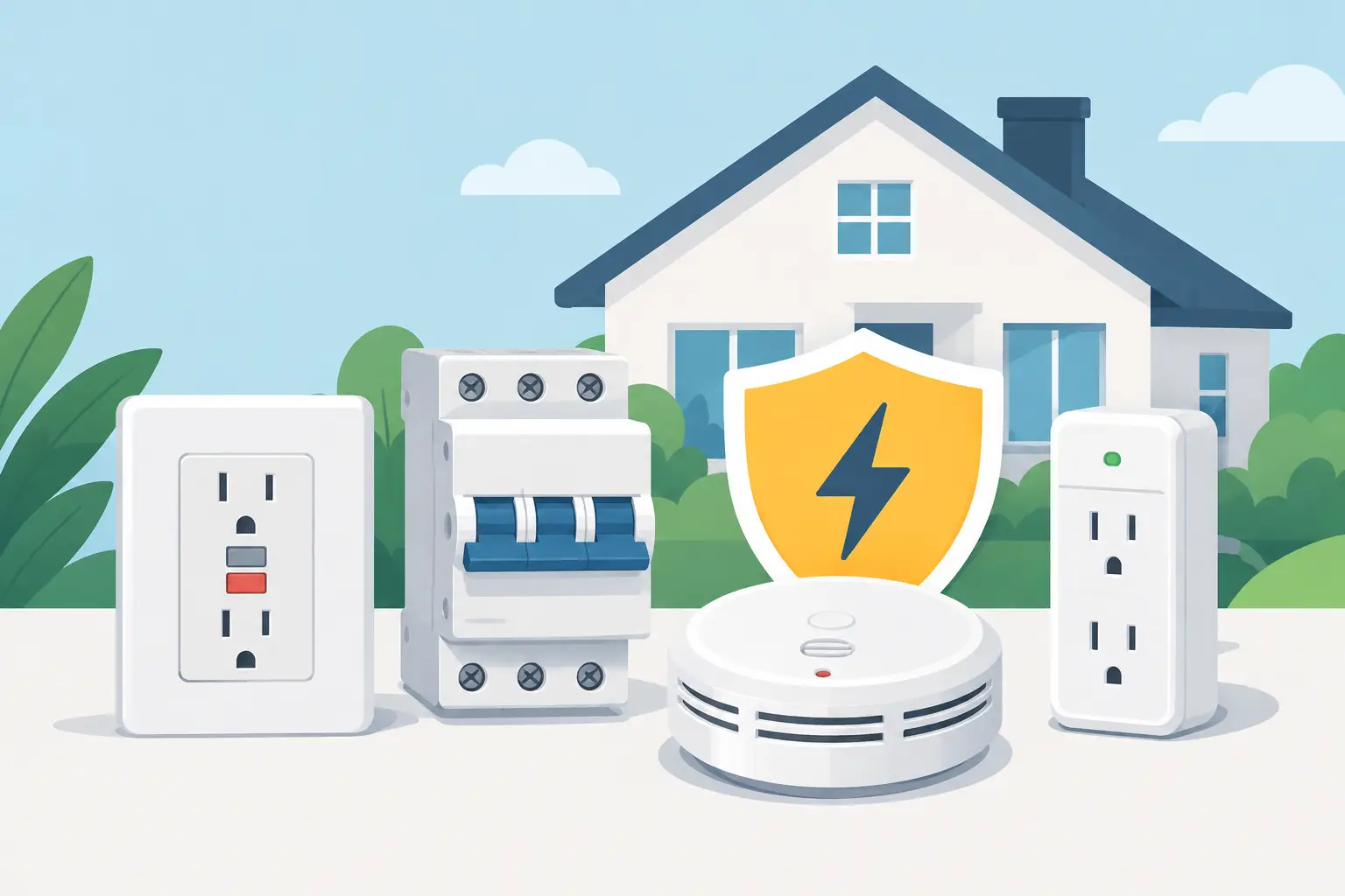 Illustration of safety switches, protected power points and a smoke alarm