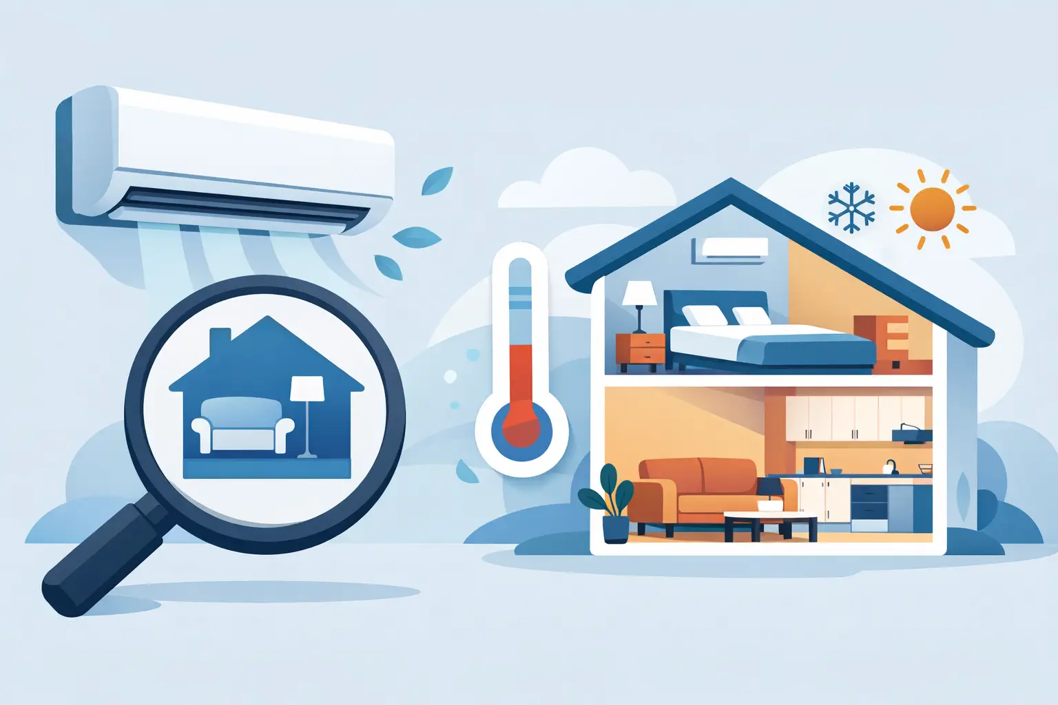 Illustration of an air conditioner alongside a house layout and temperature gauge