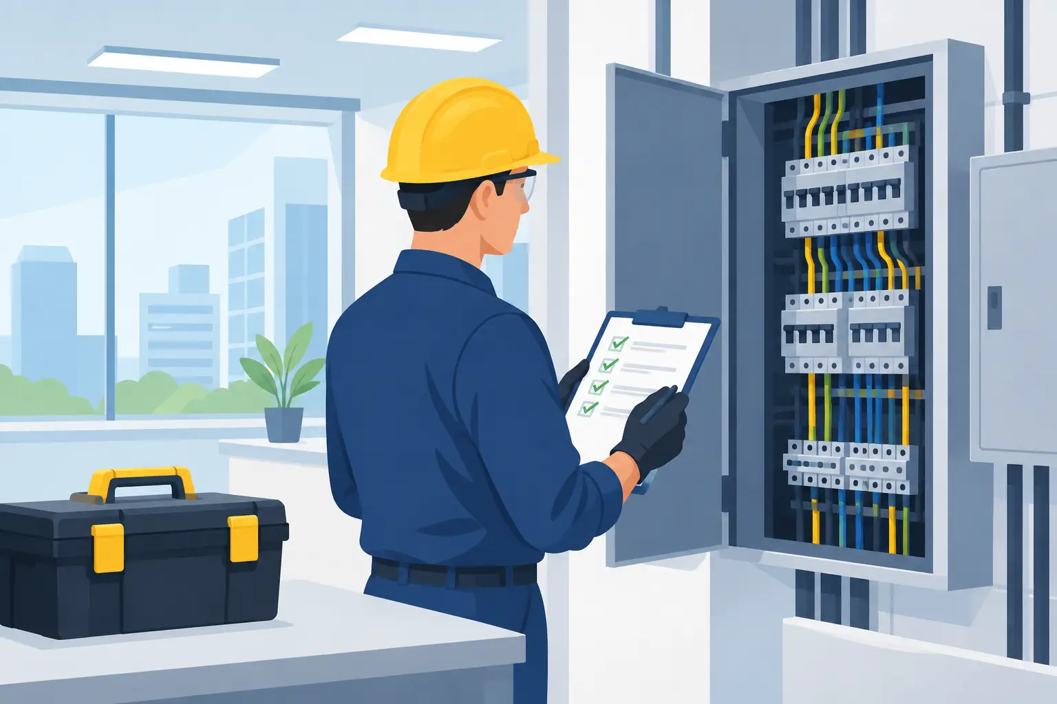 Illustration of an electrician inspecting a commercial switchboard with a checklist