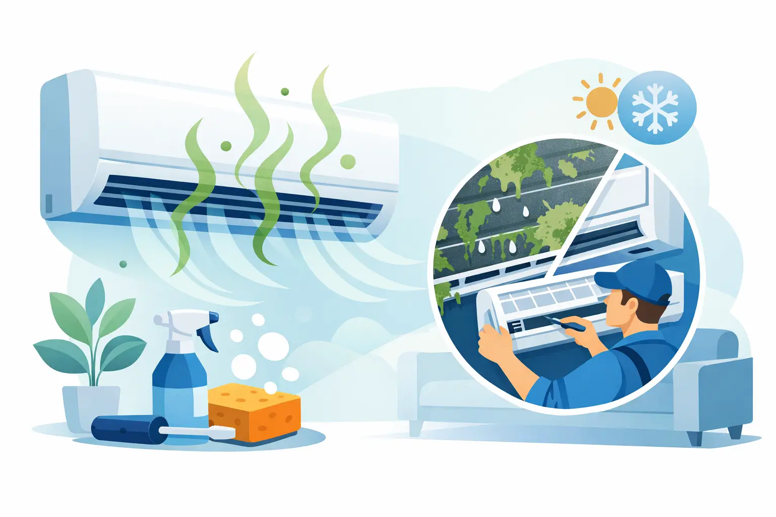 Illustration of an air conditioner emitting odours and a technician cleaning filters