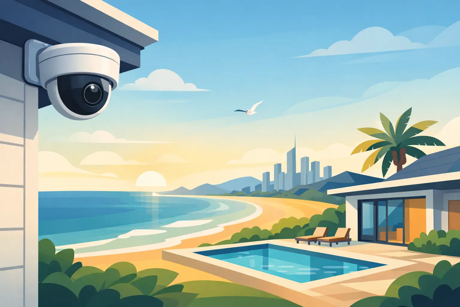 Illustration of an outdoor security camera overlooking a coastal property