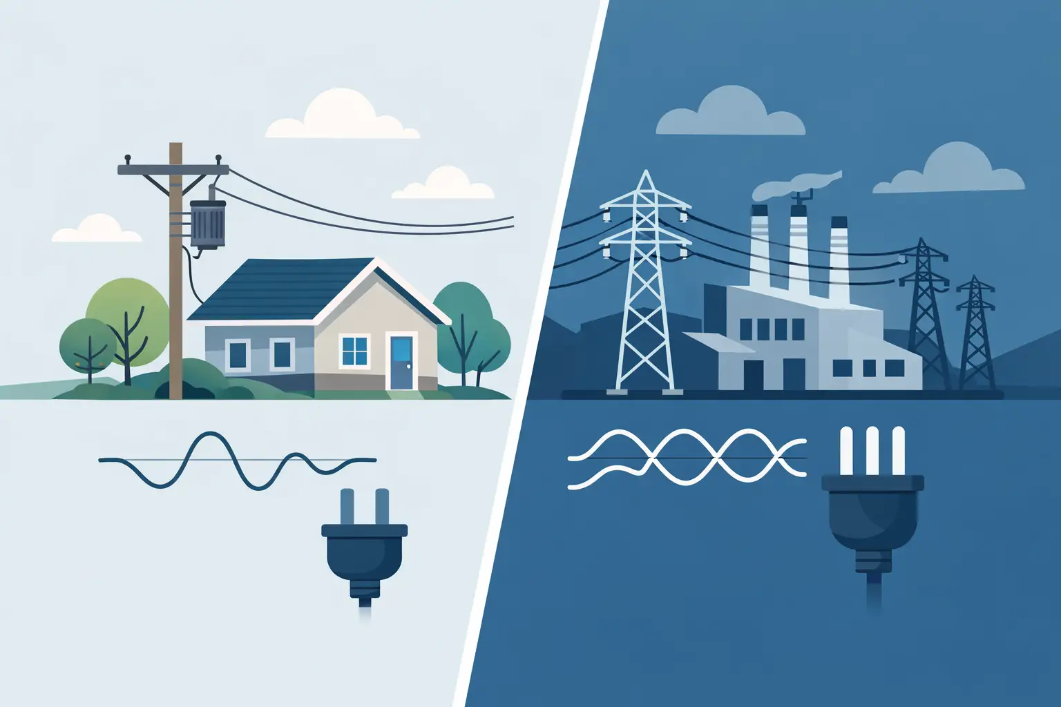 Illustration comparing single-phase and three-phase power supplies