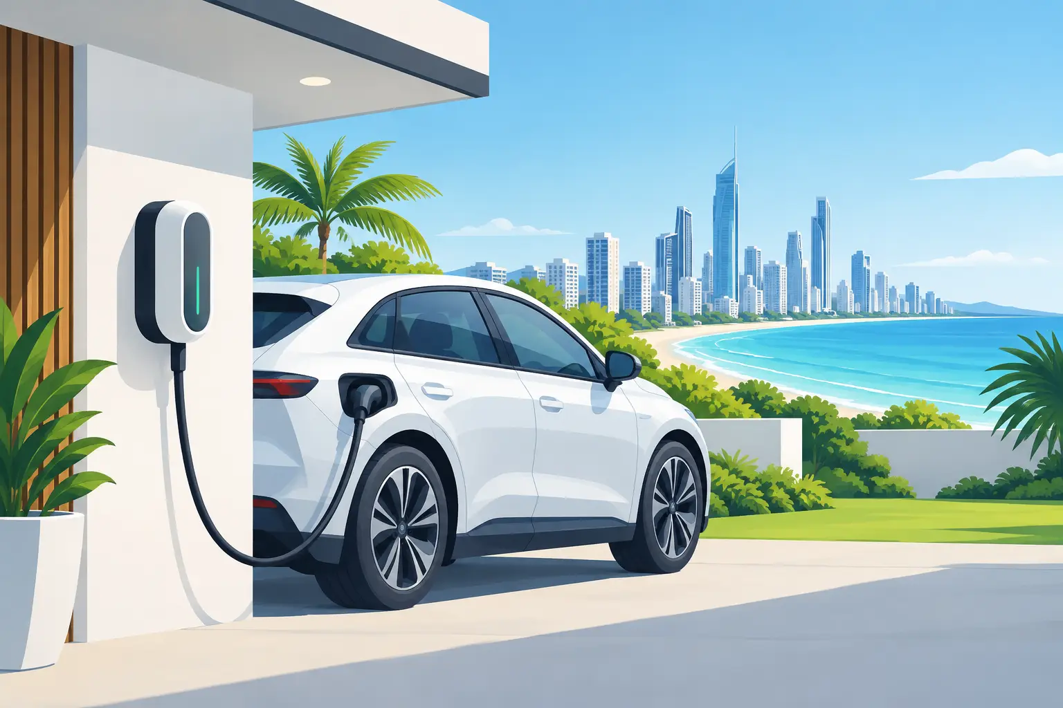 Illustration of an electric vehicle connected to a home wall charger