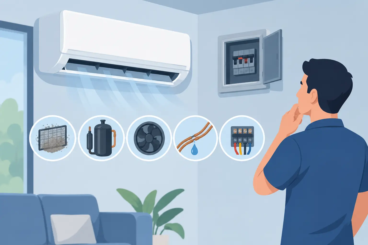 Illustration of an electrician inspecting an air conditioner and its electrical supply