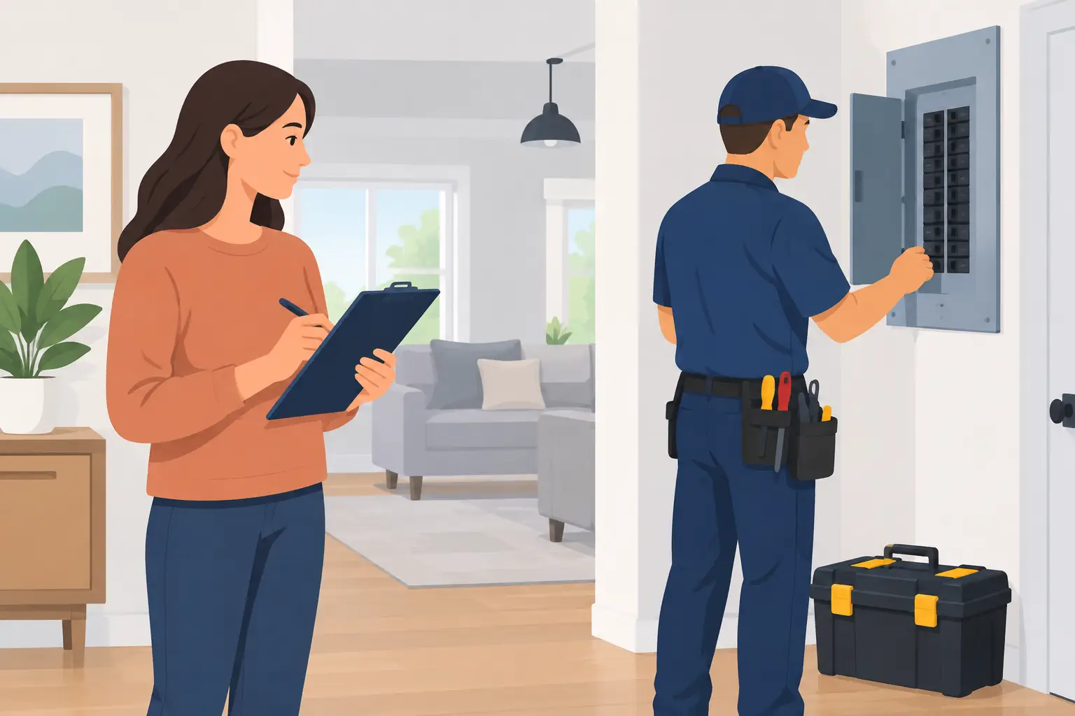 Illustration of a homeowner preparing notes while an electrician checks a switchboard