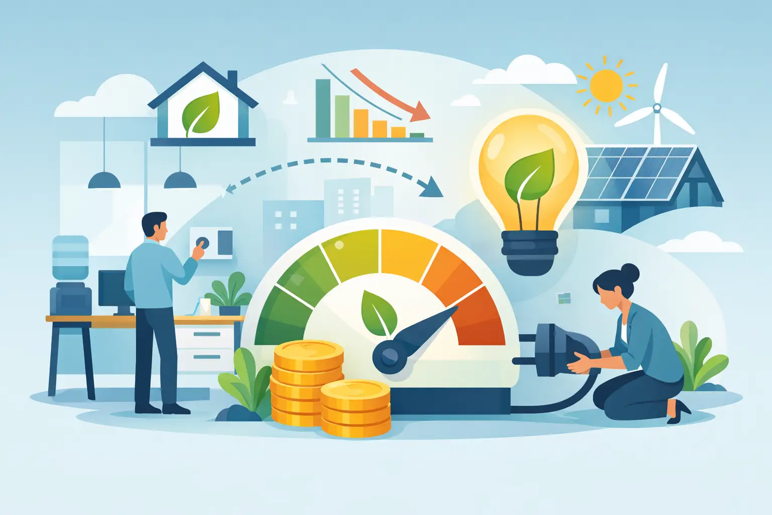 Illustration of office energy use, solar panels and efficient lighting