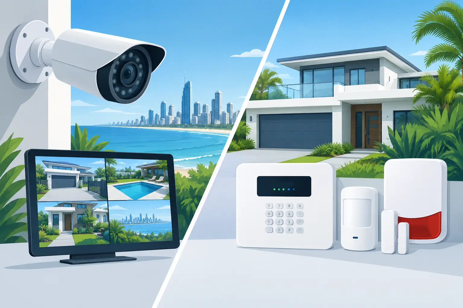 Illustration of a security camera, monitor and alarm equipment outside a home