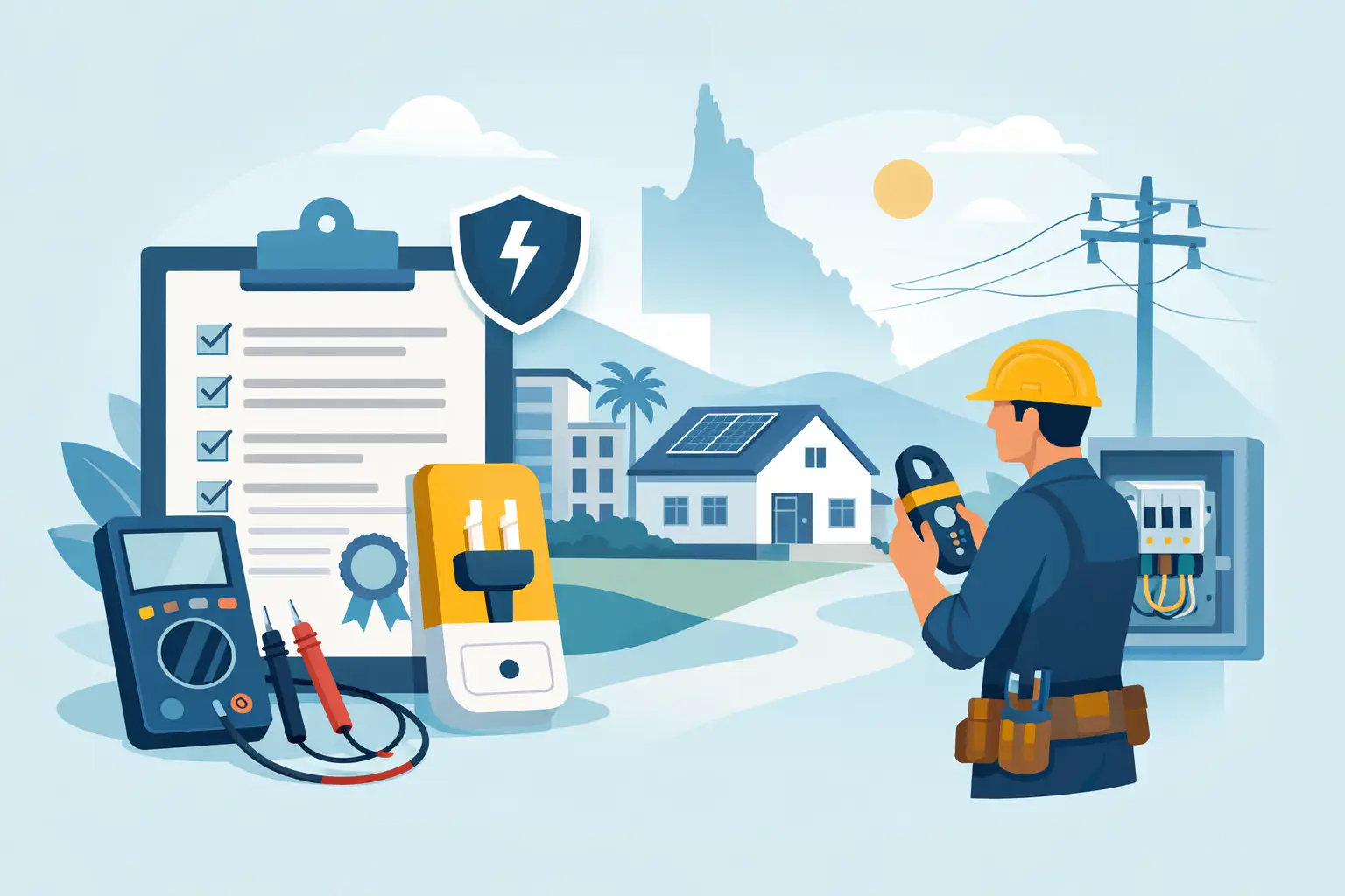 Illustration of electrical test equipment and an inspection certificate checklist