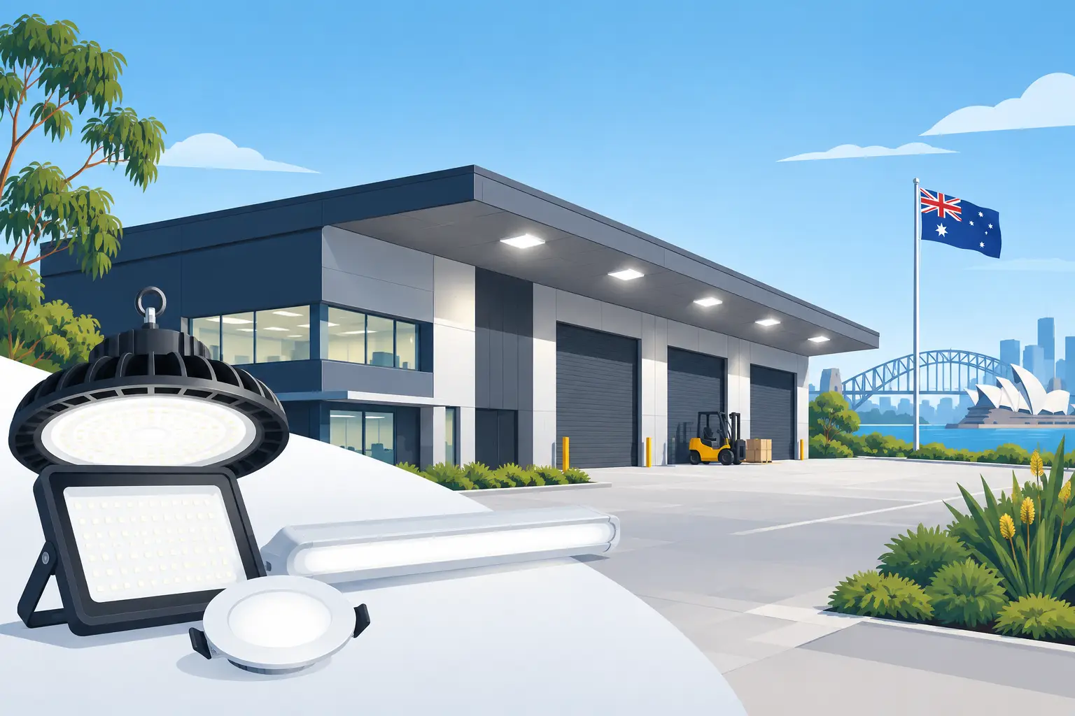 Illustration of commercial LED lighting products and an illuminated business building
