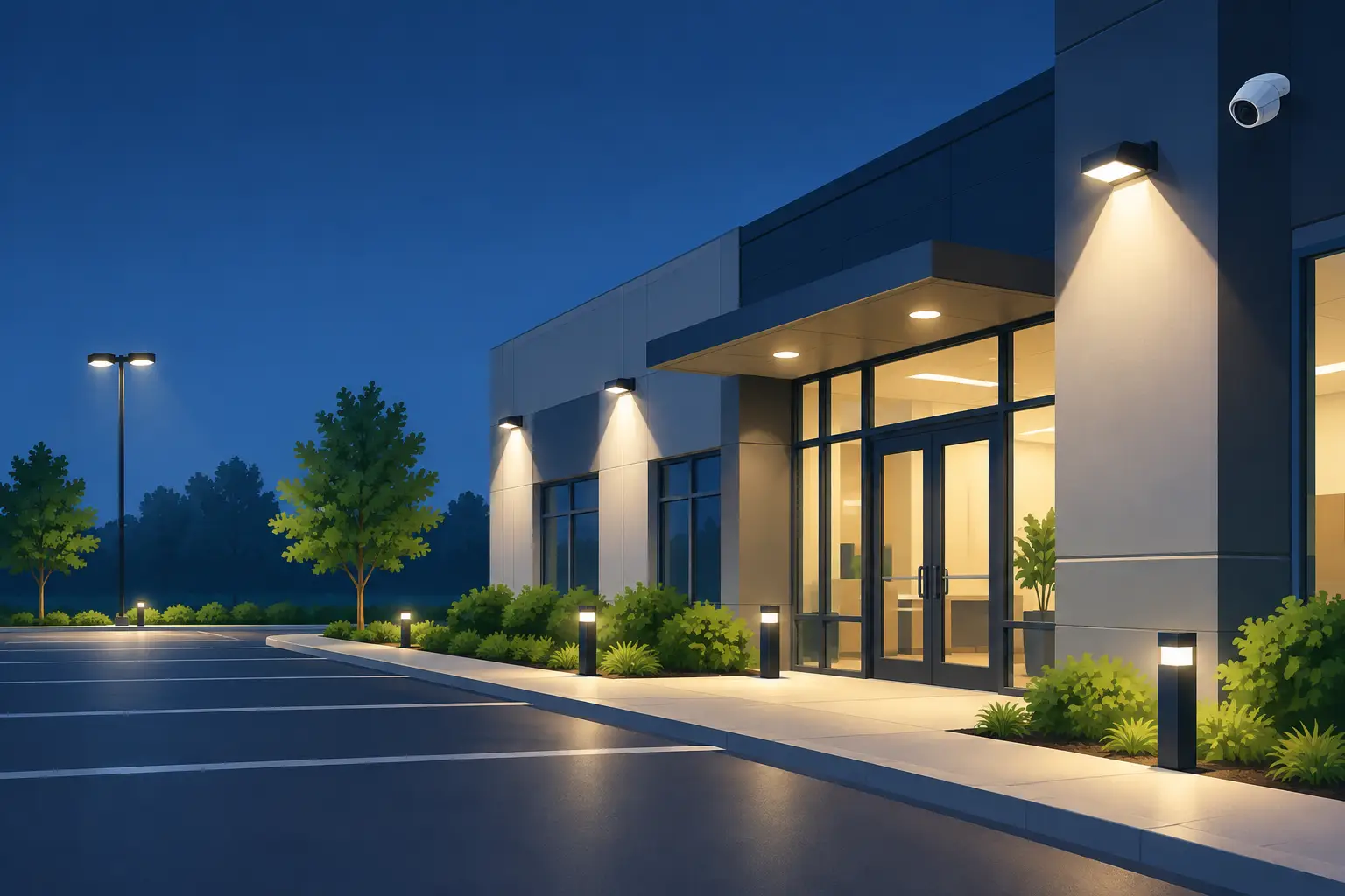Illustration of exterior lights illuminating the entrance to a business at night
