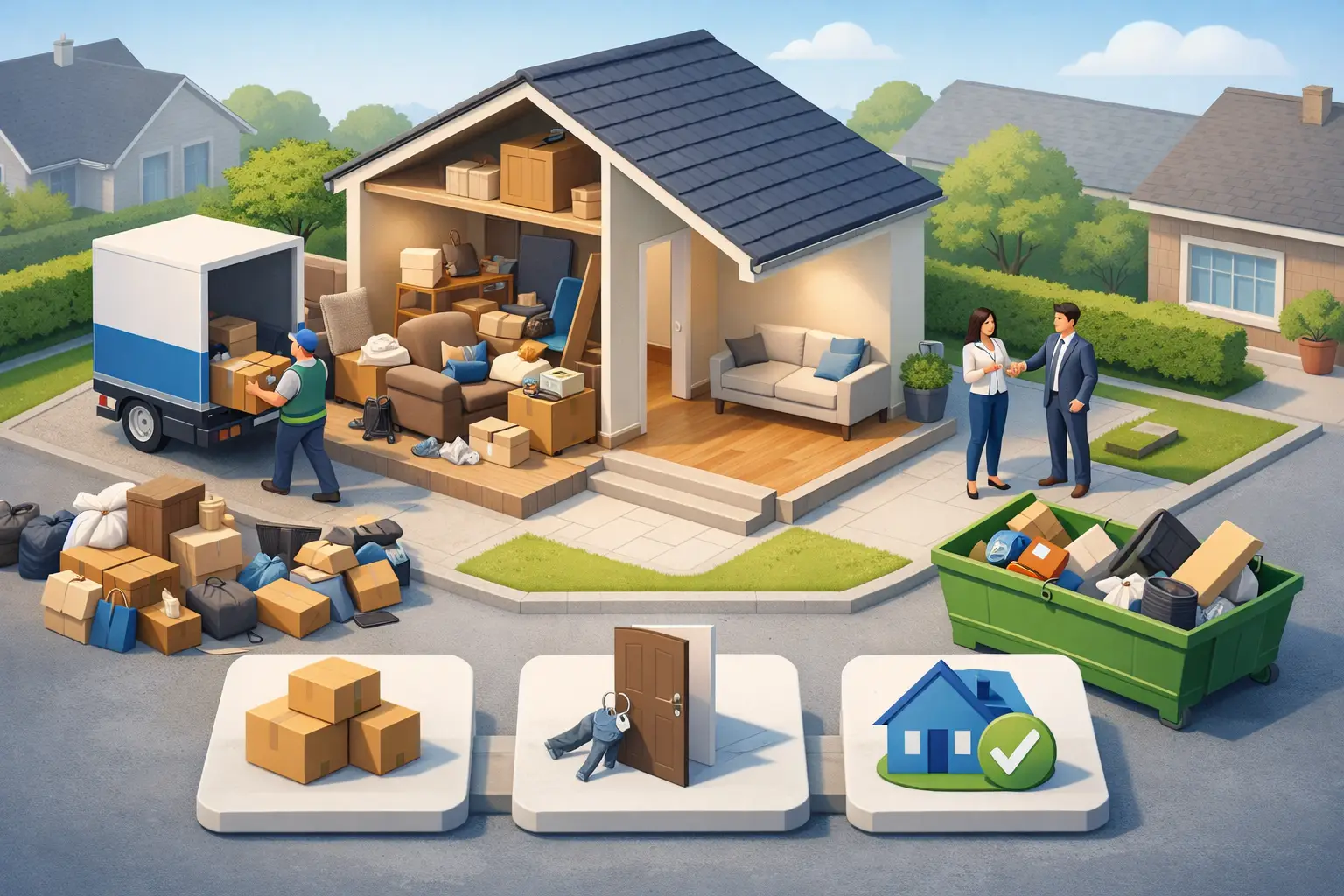 Huis niet leeg bij overdracht: volle woonkamer met dozen en meubels vlak voor de sleuteloverdracht
