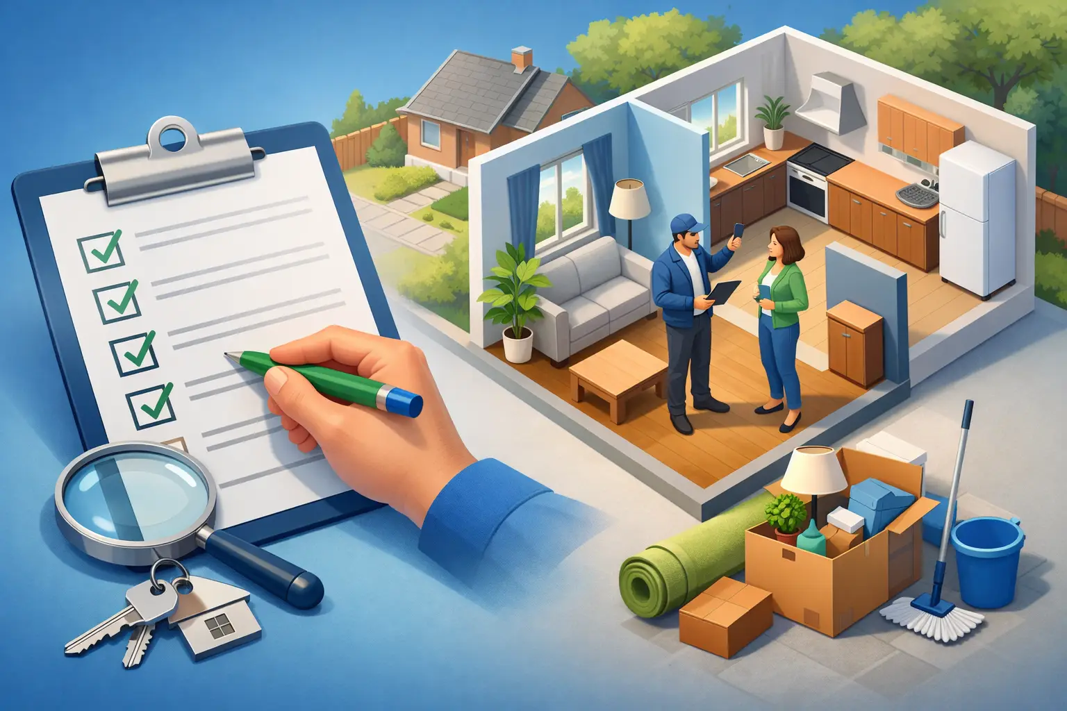 Voorinspectie huurwoning: huurder en verhuurder lopen samen met een inspectierapport door de woning