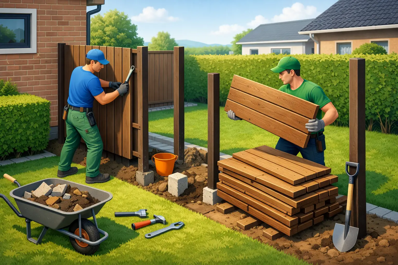 Oude houten schutting met palen die stap voor stap wordt verwijderd in een tuin