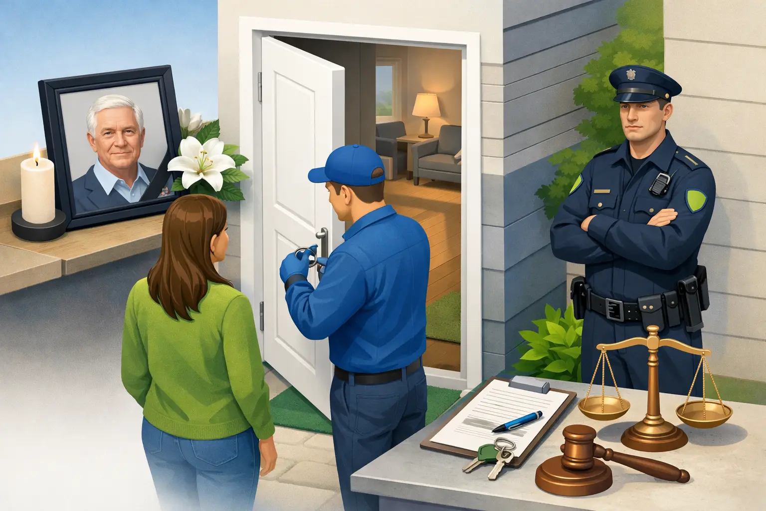 Toegang tot een woning na overlijden: sleutel, post en persoonlijke spullen in een stille woonkamer