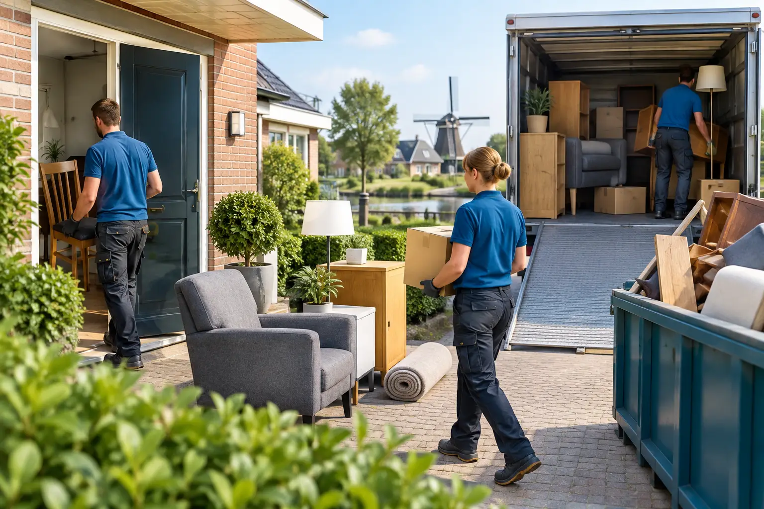 Lege woonkamer met verhuisdozen en een volle schuur, klaar voor ontruiming