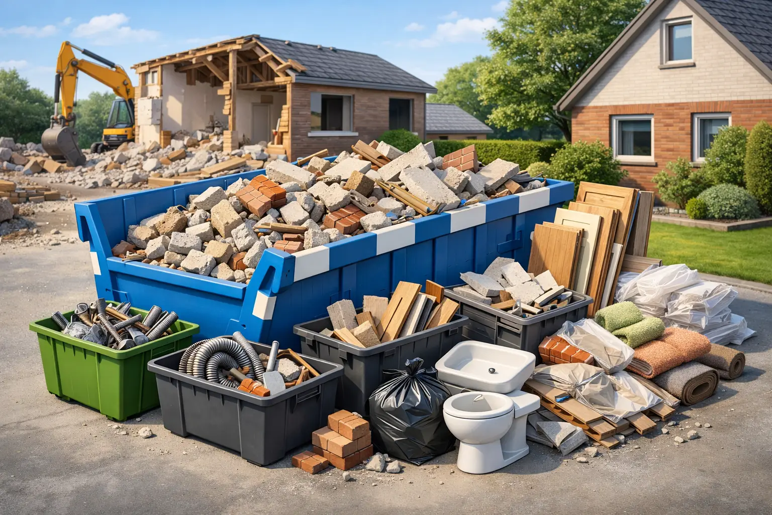 Sloopafval van een keuken en badkamer: puin, tegels, hout en leidingen gescheiden op een hoop