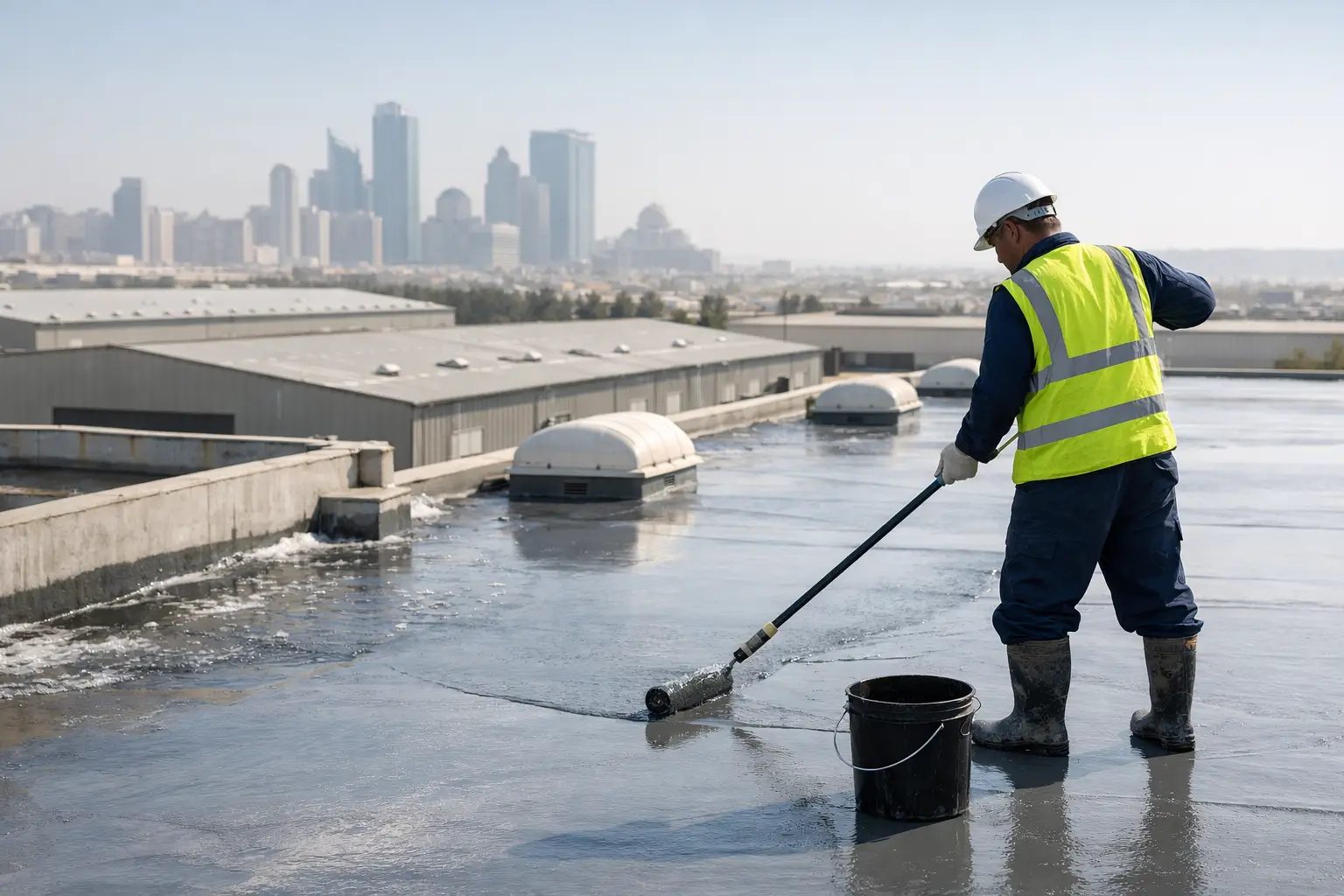 Warehouse waterproofing Sharjah solutions for metal and concrete roofs, gutters, skylights, and penetrations that help prevent leaks, rust, and downtime.