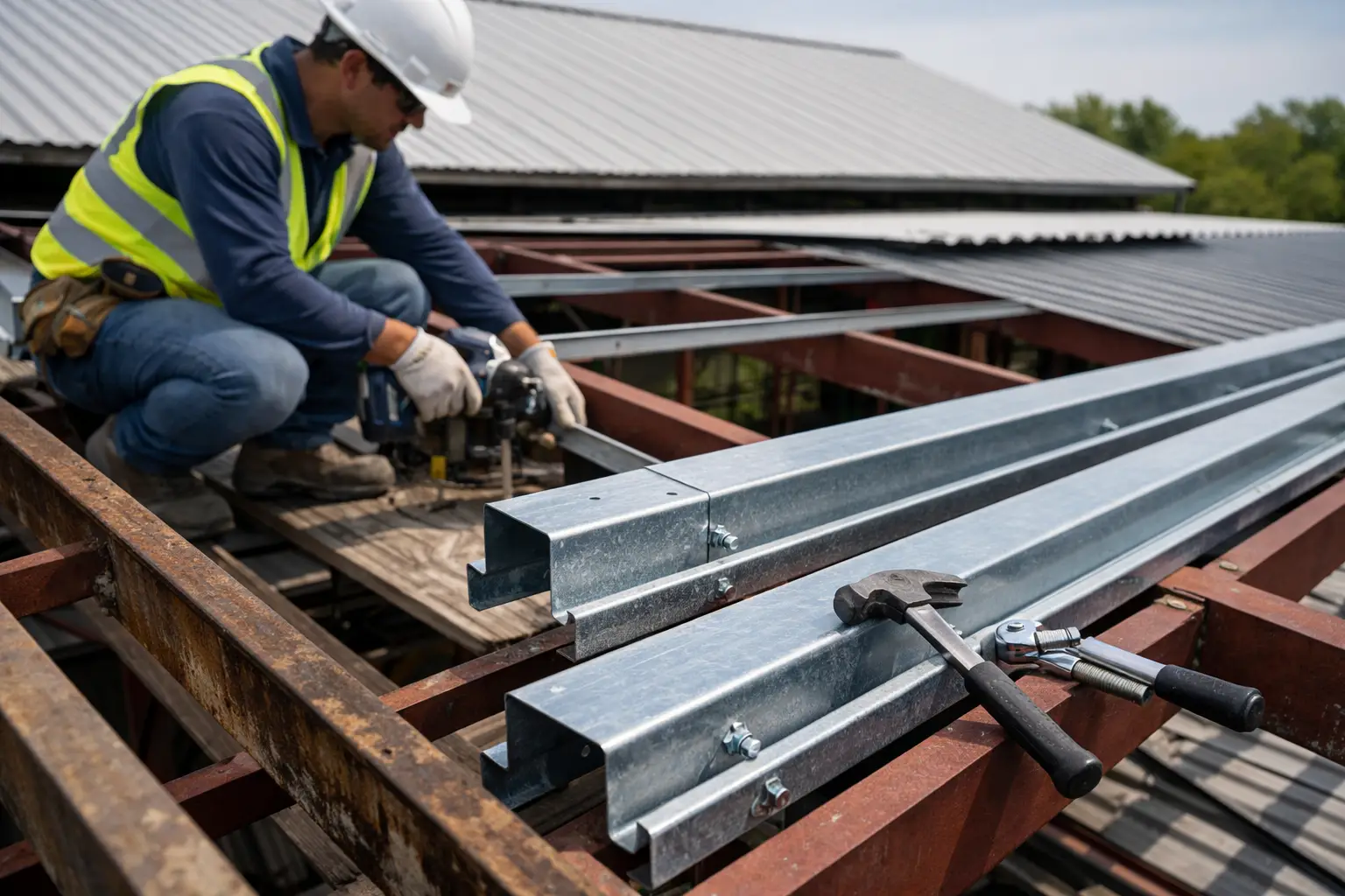 Purlin replacement for metal roof systems stops structural sag, leaks, and corrosion before they spread across warehouses and industrial sites.
