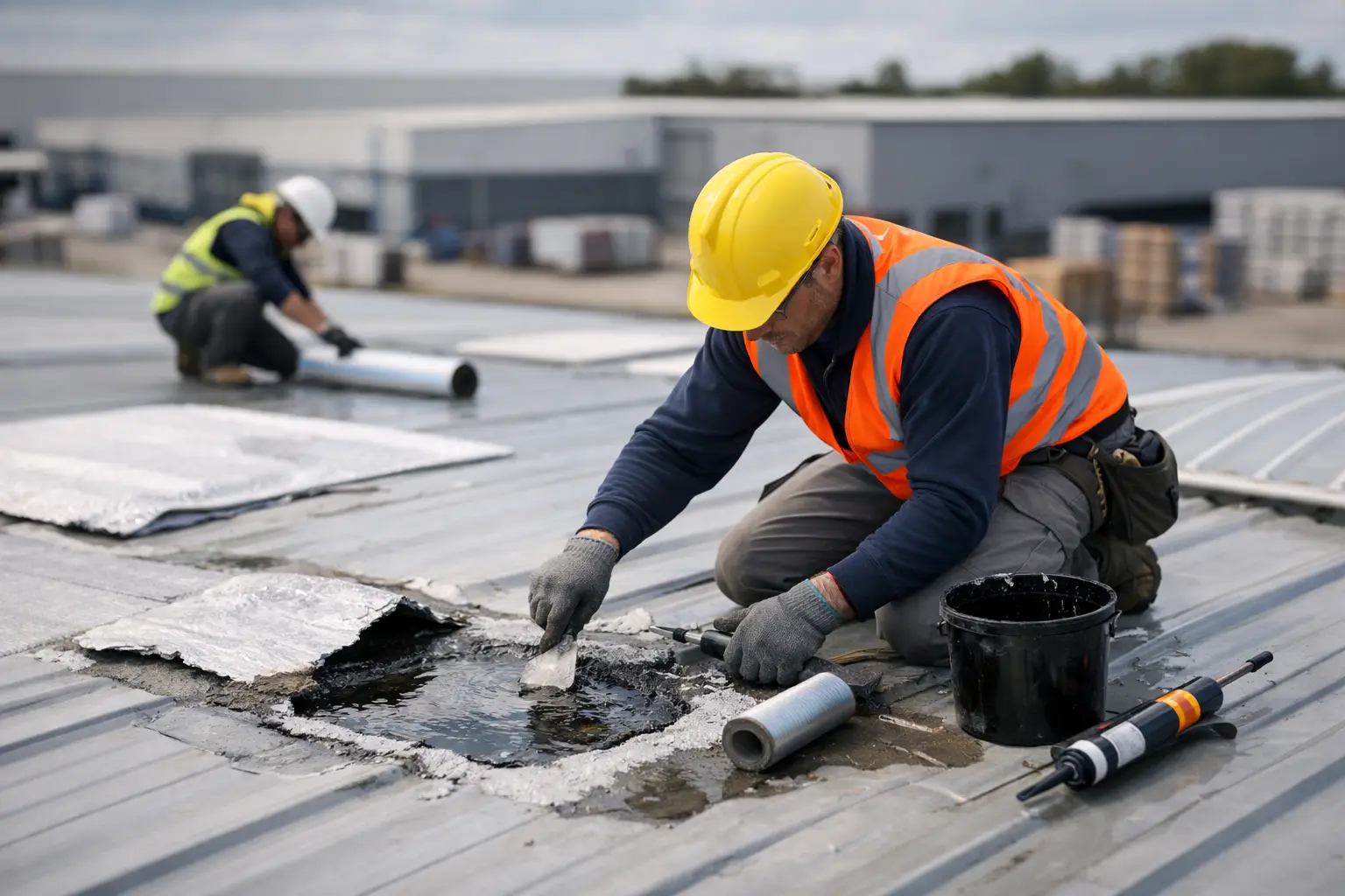 A warehouse roof leak repair example showing how inspection, drainage correction, sealing, and membrane work stop water ingress fast.