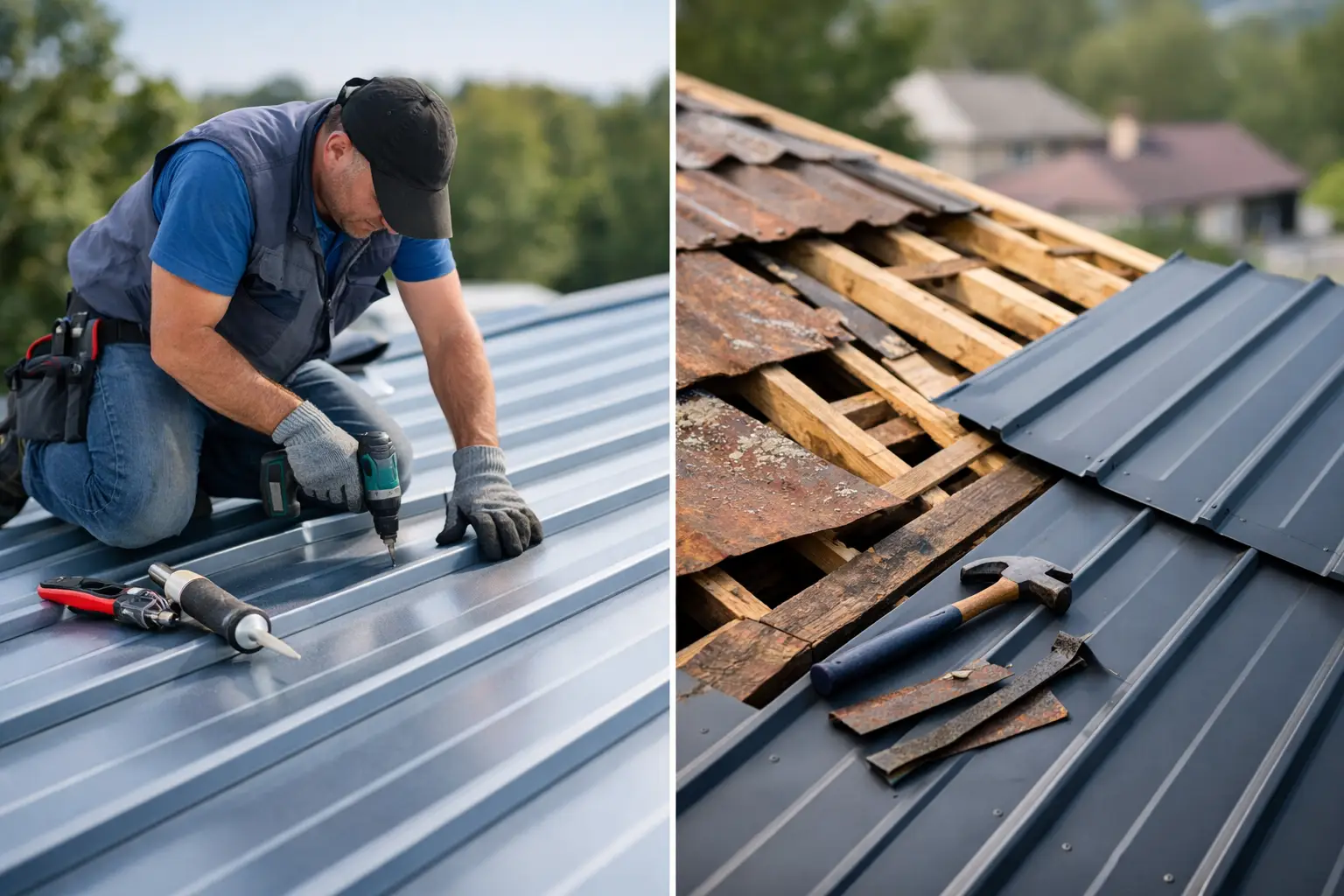 Compare metal roof repair vs replacement for leaks, rust, fastener failure, and aging panels. Know when repairs work and when replacement saves more.