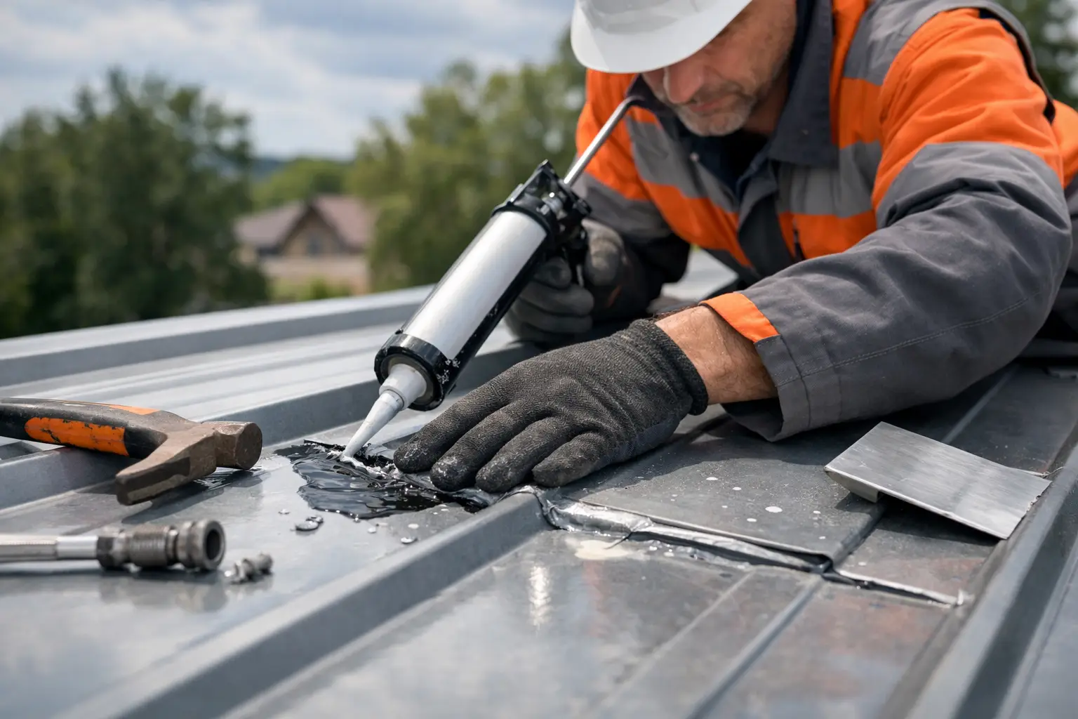 Metal roof leak repair services for warehouses, factories, and commercial buildings. Stop corrosion, failed seams, and water ingress fast.
