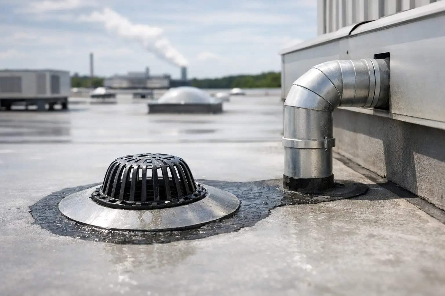 Industrial roof drainage design guide for warehouses and factories - prevent ponding, leaks, corrosion, and overflow with practical design insight.