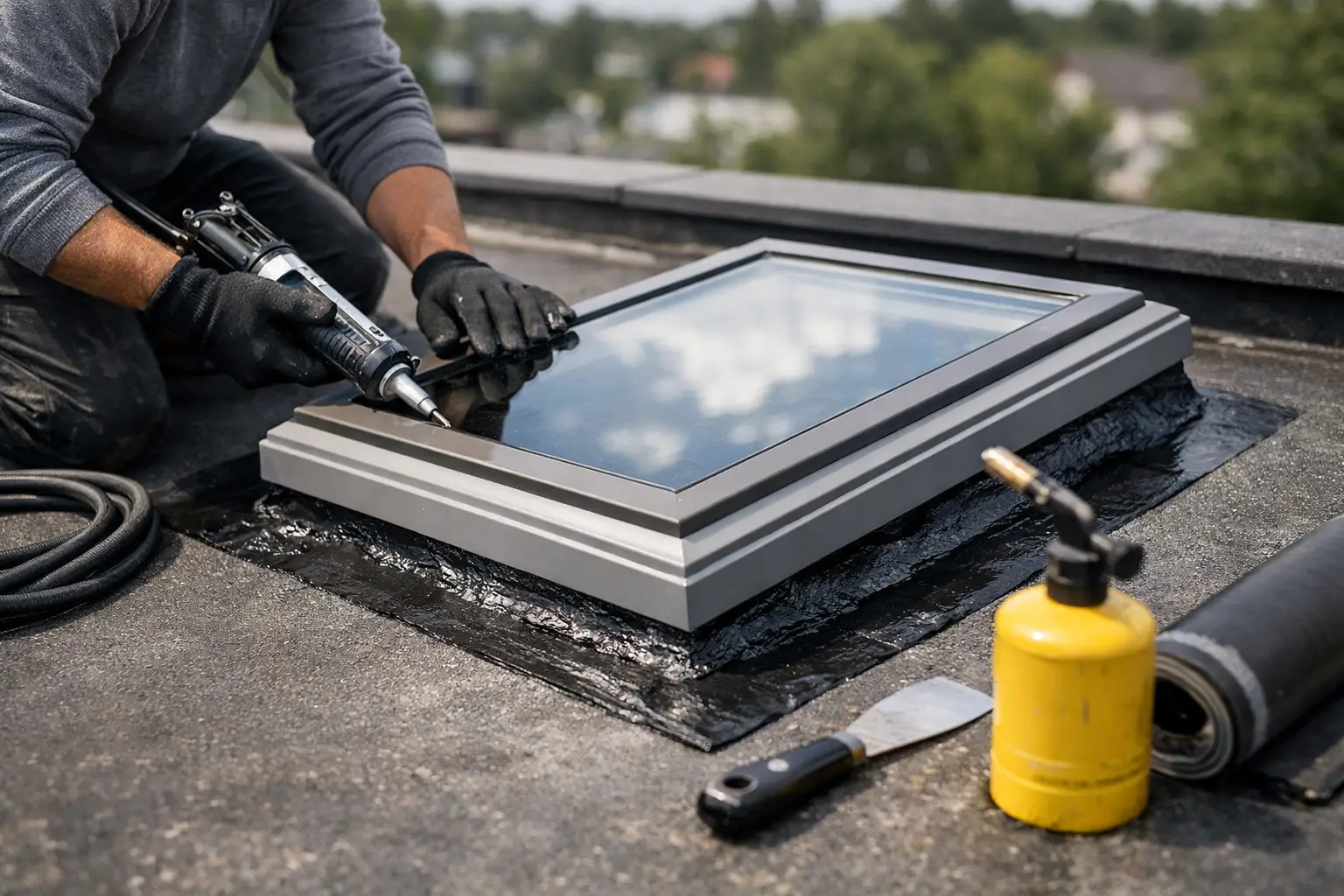Skylight waterproofing repair for warehouses, factories, and commercial roofs. Fix leaks, failed seals, drainage issues, and aging skylight details.
