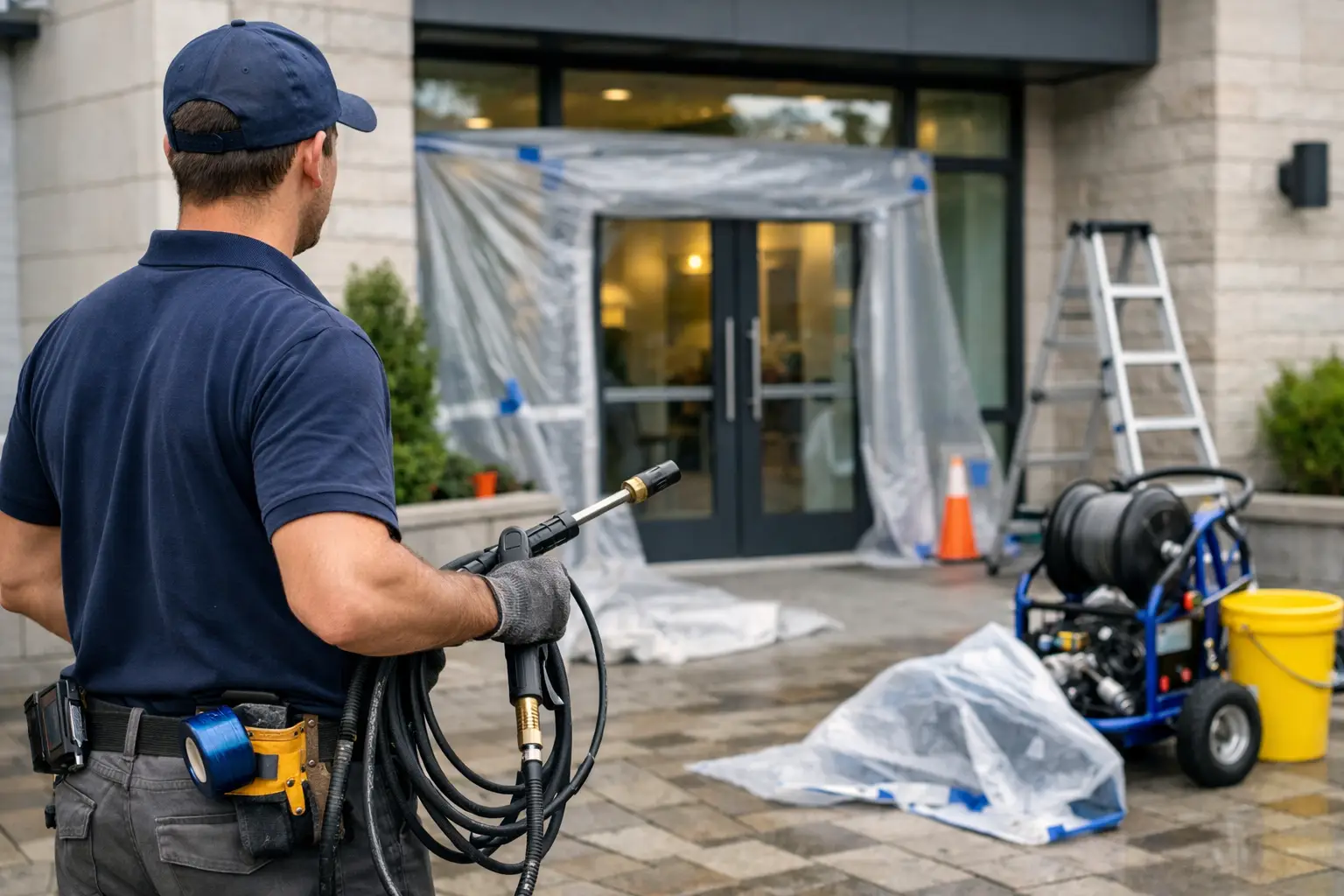Préparer un bâtiment avant lavage pression