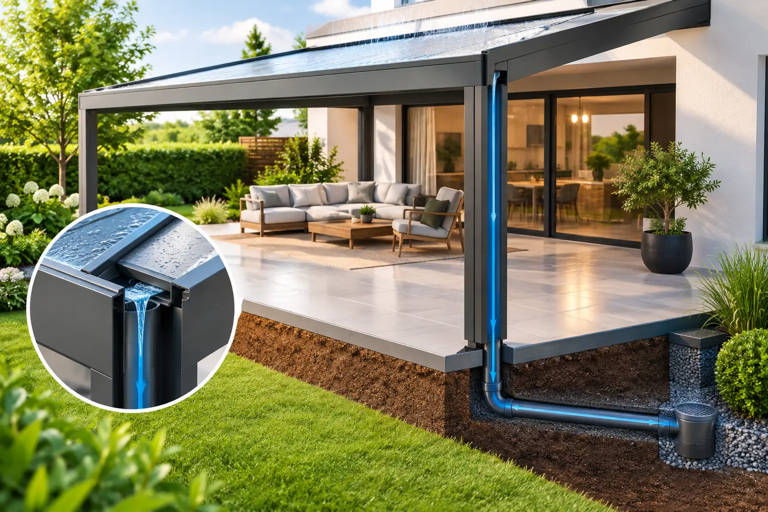 Regenafvoer terrasdak wegwerken zonder concessies
