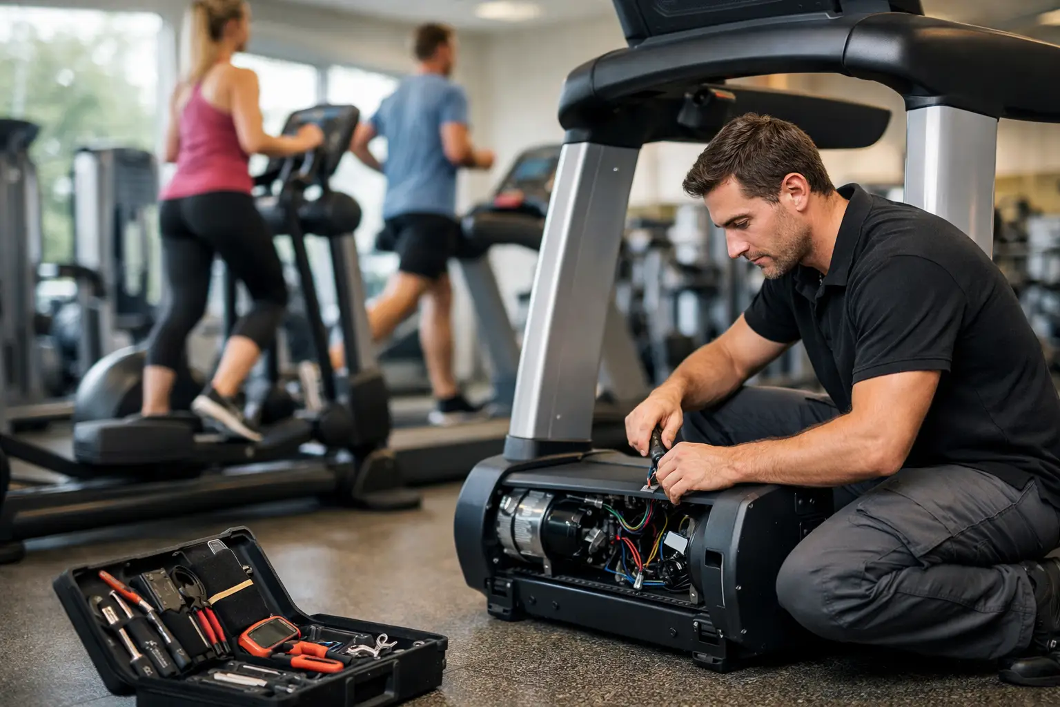Service fitnessapparatuur op locatie zonder stilstand