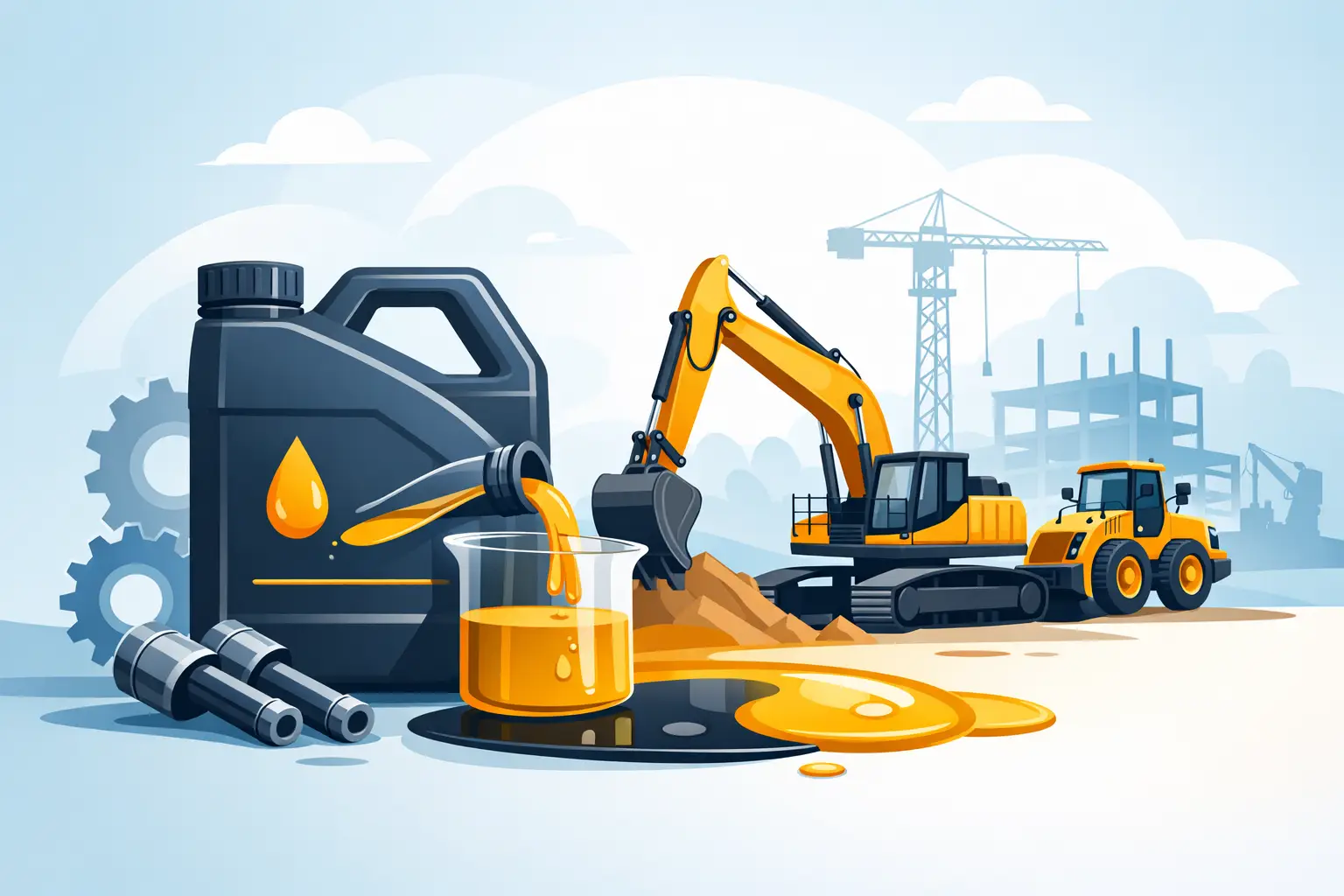 Construction equipment hydraulic system being serviced with specification-matched hydraulic oil