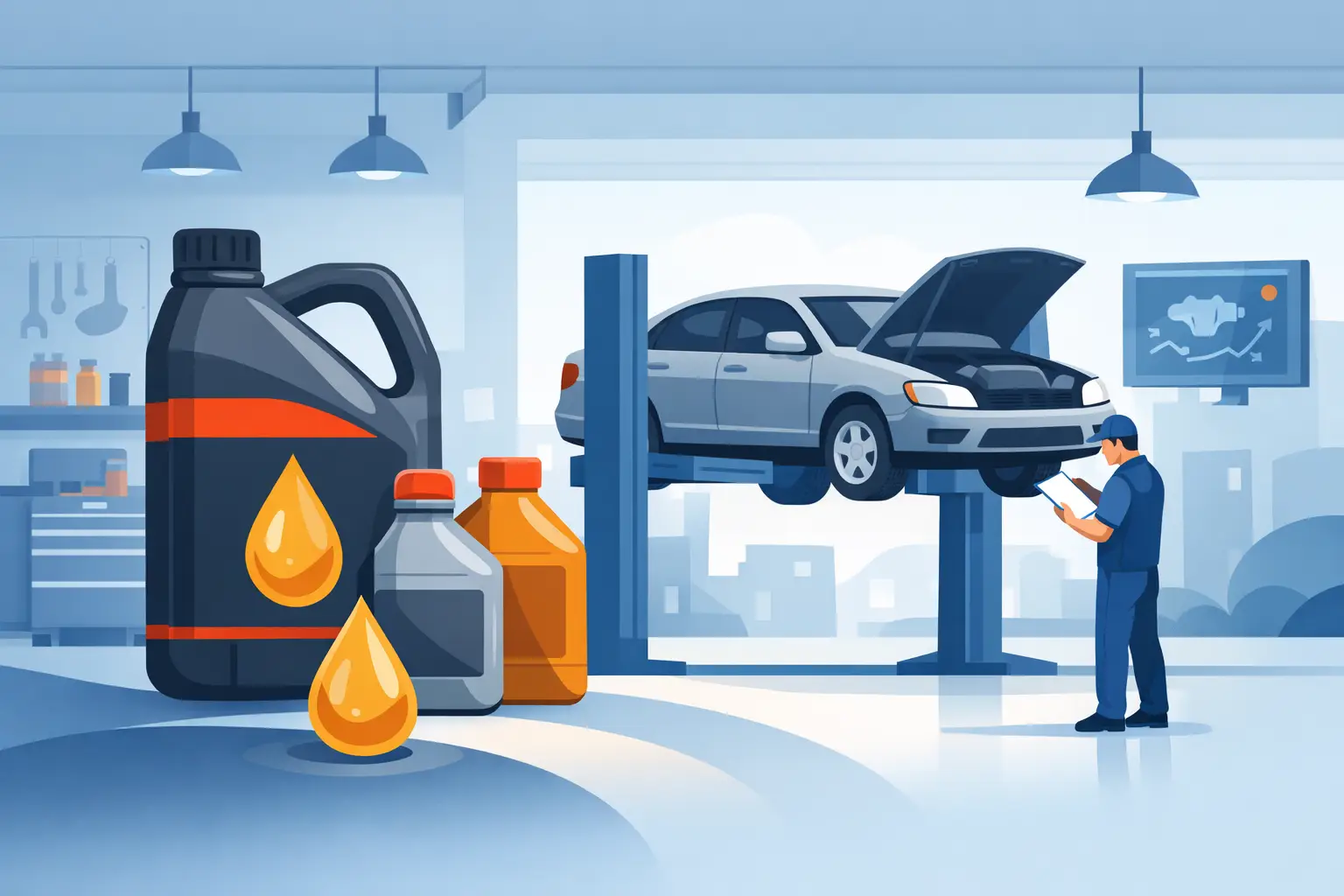 Workshop technician checking the oil requirement and condition of a high-mileage vehicle