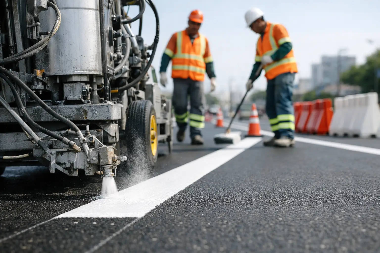 Equipe com EPI aplicando tinta de demarcação viária em pavimento asfáltico com cones de isolamento.