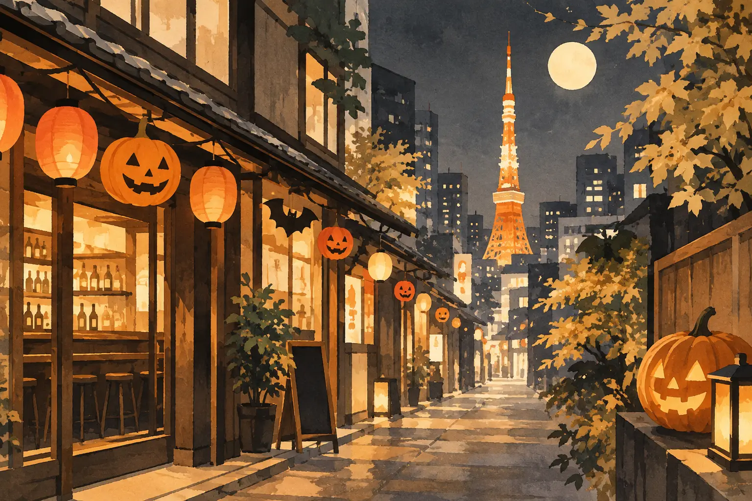 Illustration of a Tokyo street with pumpkin lanterns, autumn leaves and Tokyo Tower at night