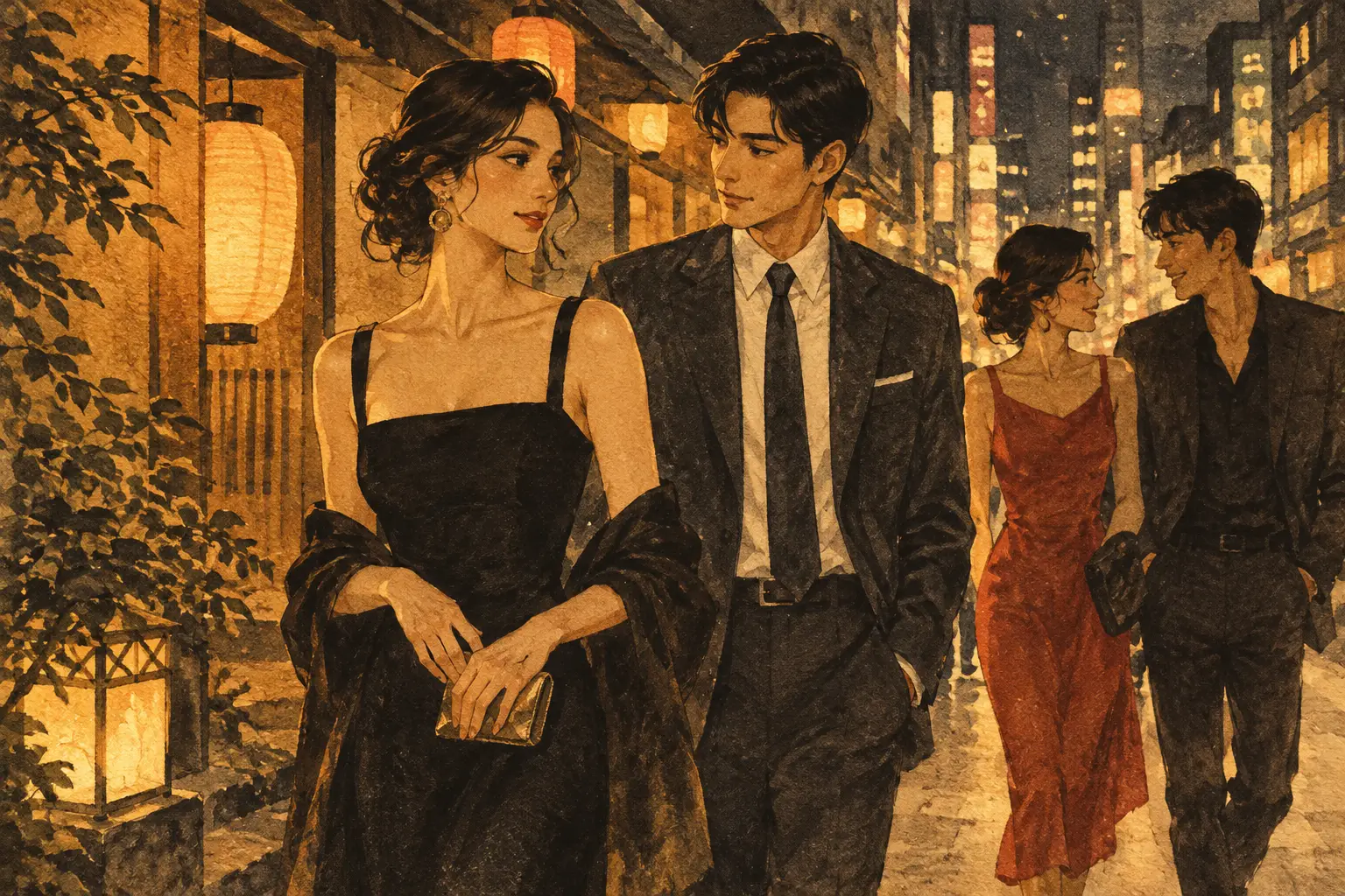 Illustration of elegantly dressed people on a lantern-lit street at night
