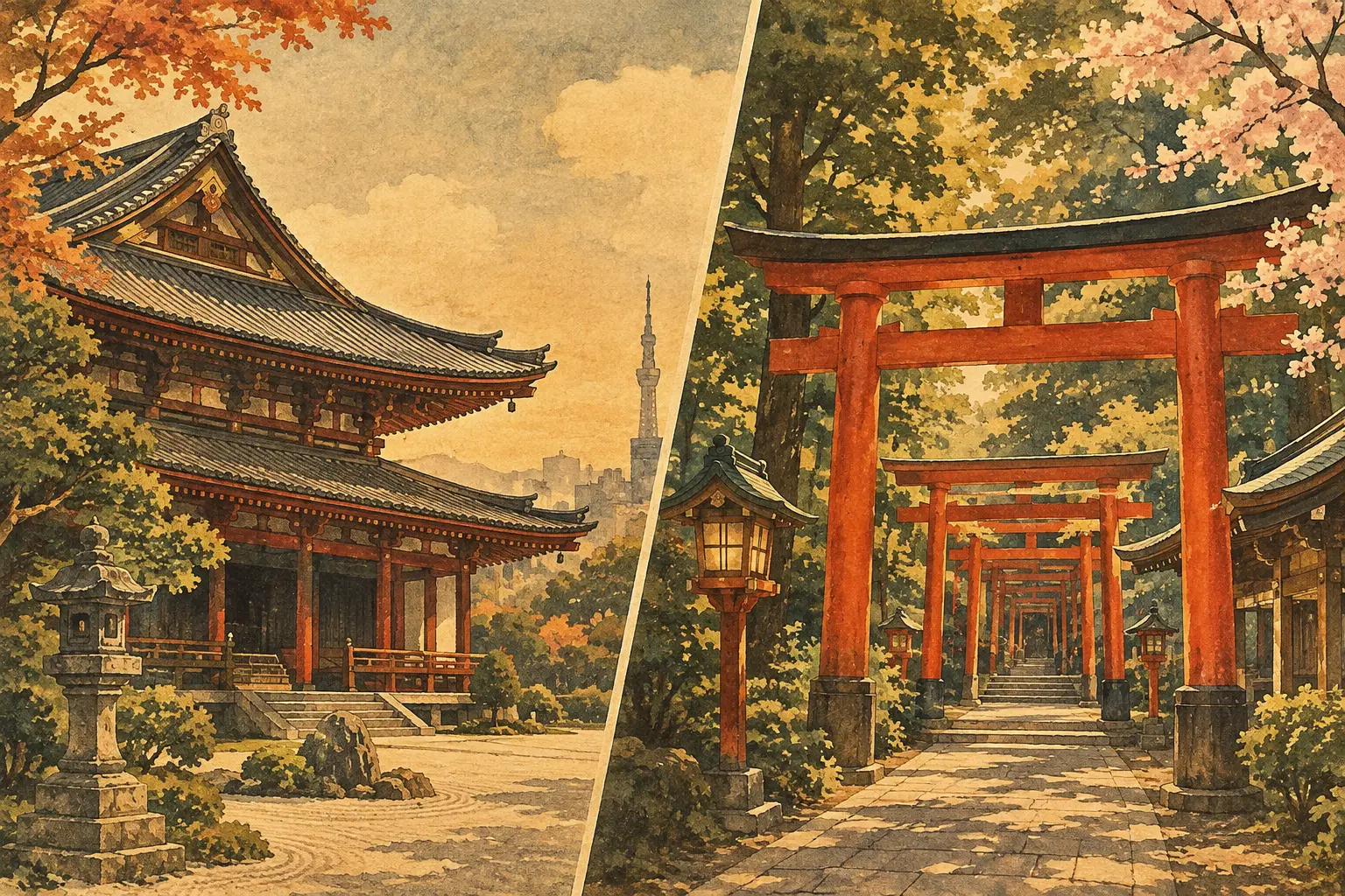 Watercolour illustration contrasting a Buddhist temple with a tree-lined path of red torii gates at a Shinto shrine