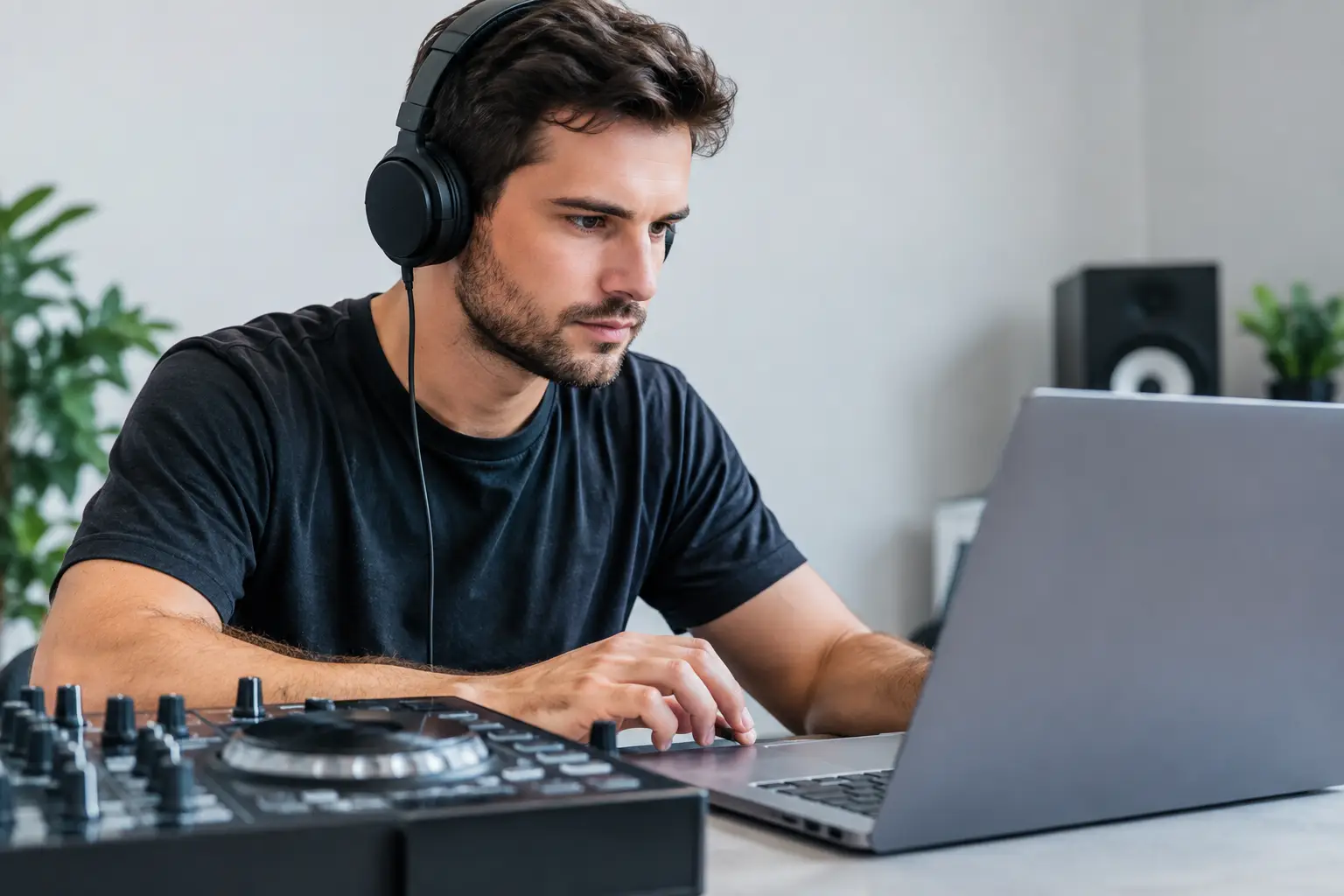 DJ using a laptop beside a controller while wearing headphones.