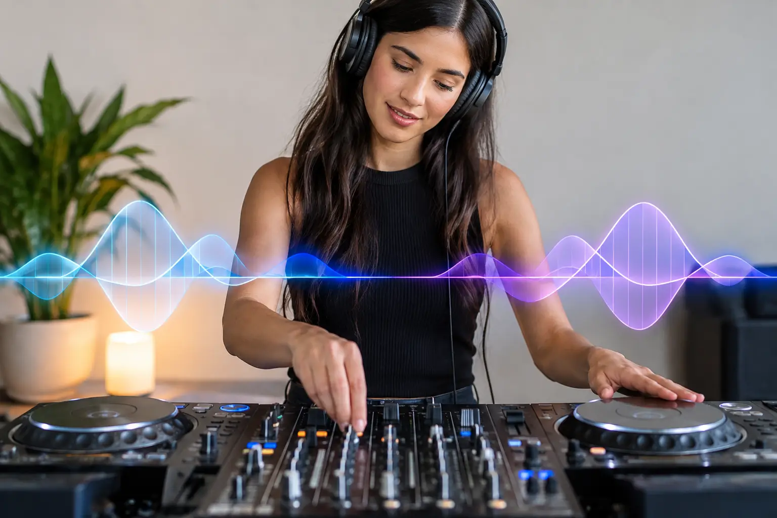 DJ at a controller with blue and purple waveforms illustrated across the scene.