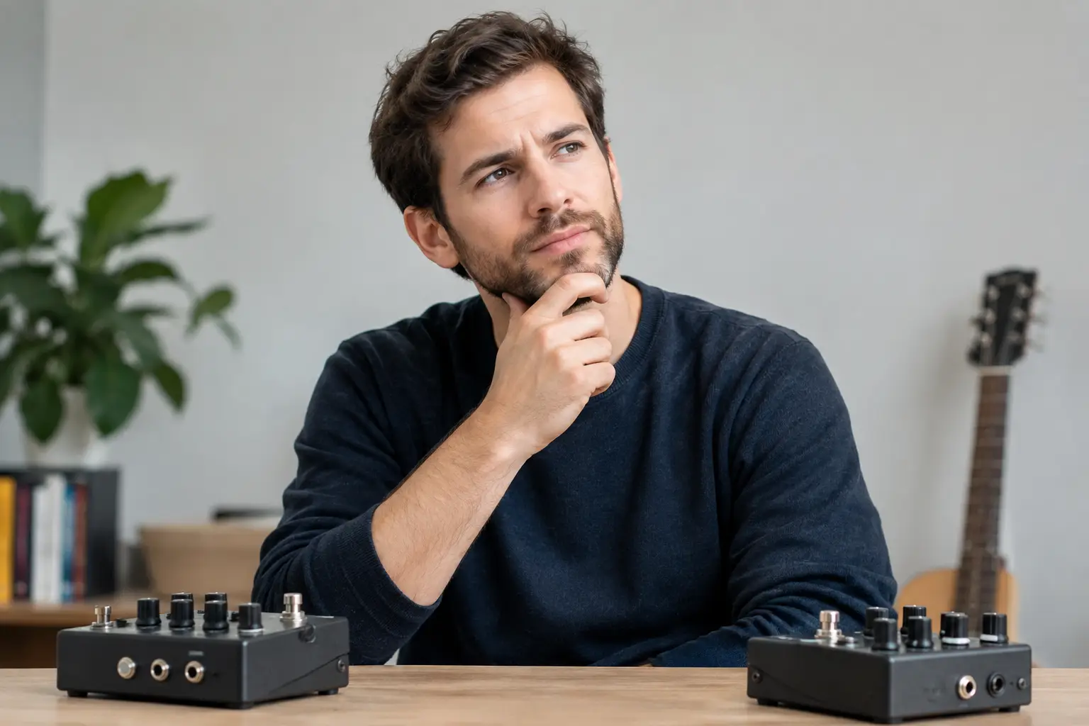 Person seated between two audio effects units, with a guitar behind them.
