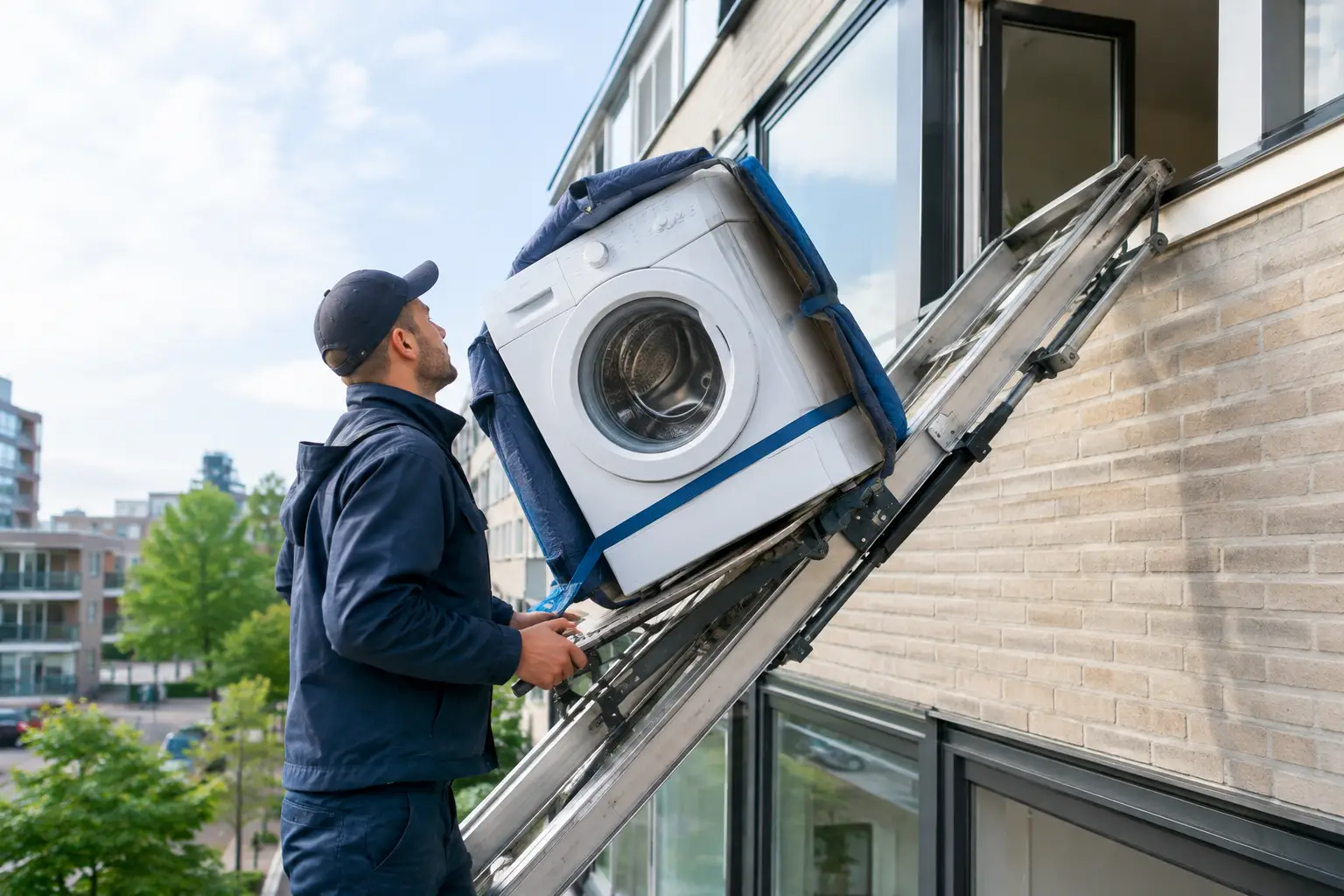 Wasmachine via raam verplaatsen zonder schade